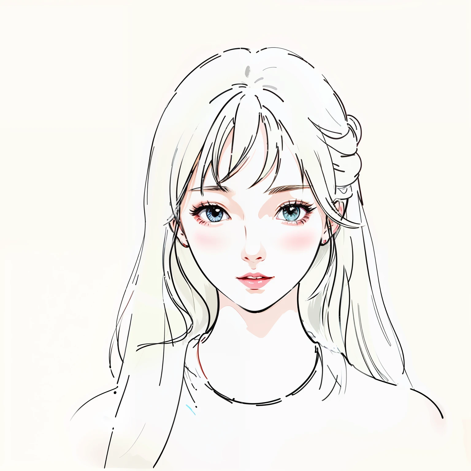Drawing of a woman with long hair and a necklace, clean anime outlines, simple line art, line-drawing!!, line-drawing, detailed anime soft face, Portrait of line art, intense line art, anime sketch, semirealistic anime style, perfect lineart, girl sketch, realistic anime face, realistic young anime girl, simple line art, sketchy artstyle, Thick line art