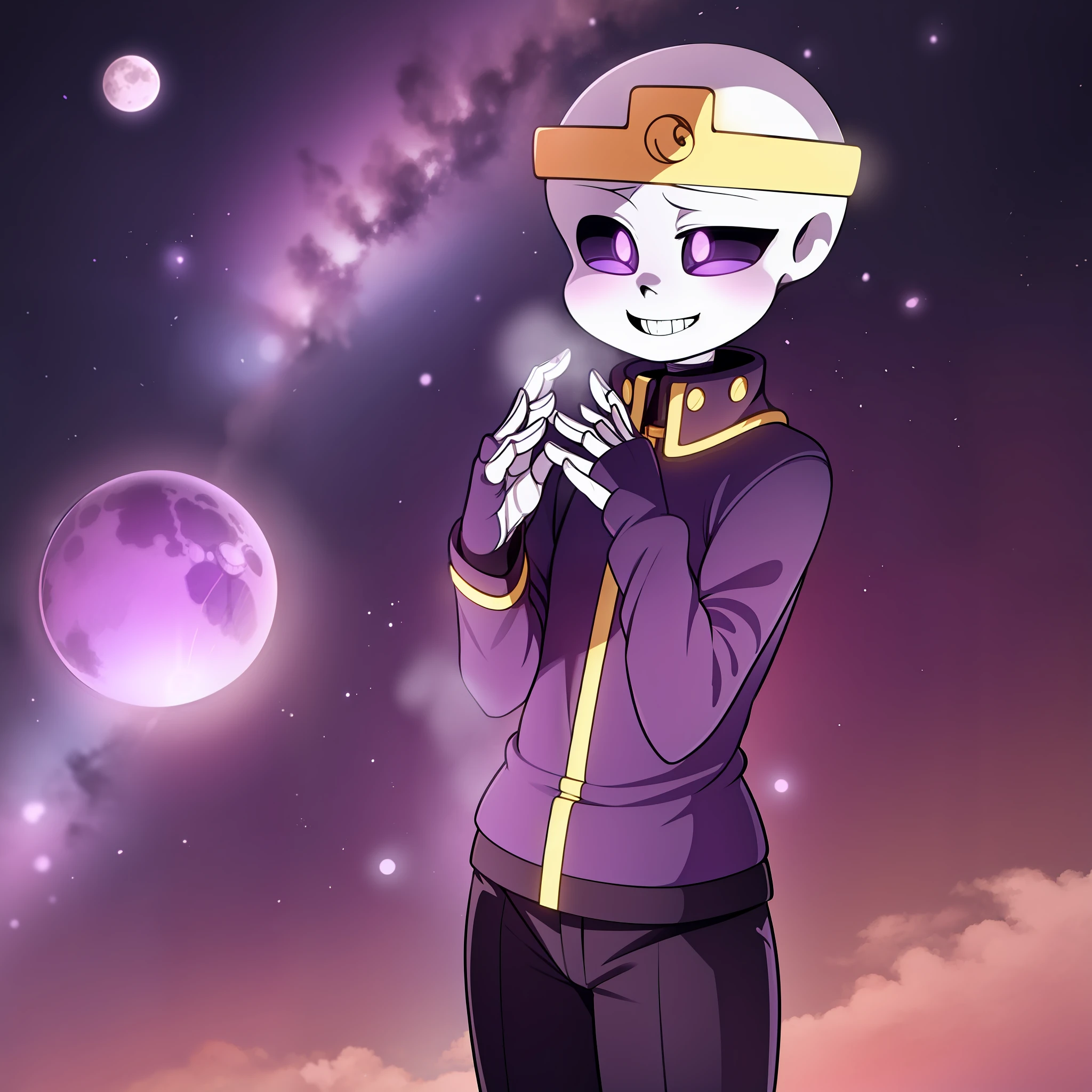 nightmare!sans, skeleton, dark purple jacket, black pants, dark purple boots, lavender pupils, smiling, golden moon crown, goldev belt has NM sign, standing still, solo, eye holes, dark eyes, cartoon, cartoon eyes