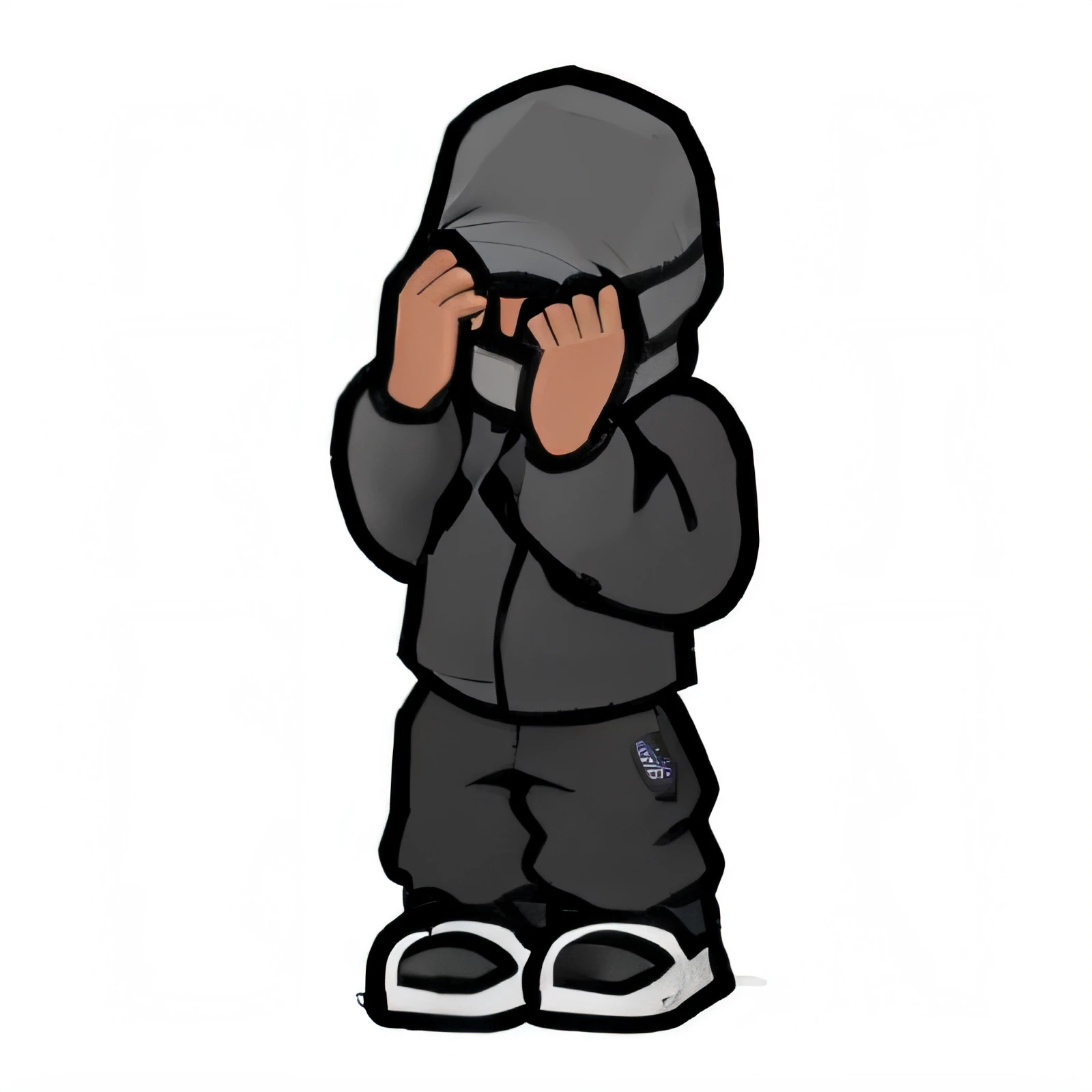 a cartoon of a man with a gray jacket and hat covering his face, capuz cobre os olhos, Deus torcido sem rosto, no head, pessoas sem rosto escuras, among us crewmate, Rap, cel sombreado, Personagem de Among Us, cel limpo sombreado, Vida de bandido, parecendo triste, sem rosto, humor triste, viseira escura cobrindo os olhos