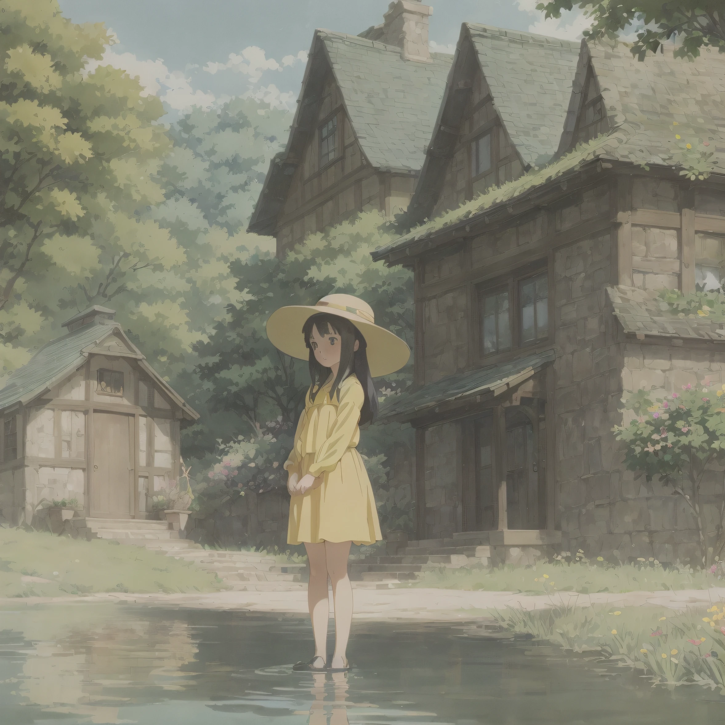 Painting of a woman in a yellow dress and hat standing in a pond, anime film still, Cinematic Studio Ghibli Still, Studio Ghibli Sunlight, By Shinkai Makoto. - H 2160, style in ghibli anime style, style in ghibli anime, Reflectors. by makoto shinkai, makoto sinkai, style of makoto shinkai
