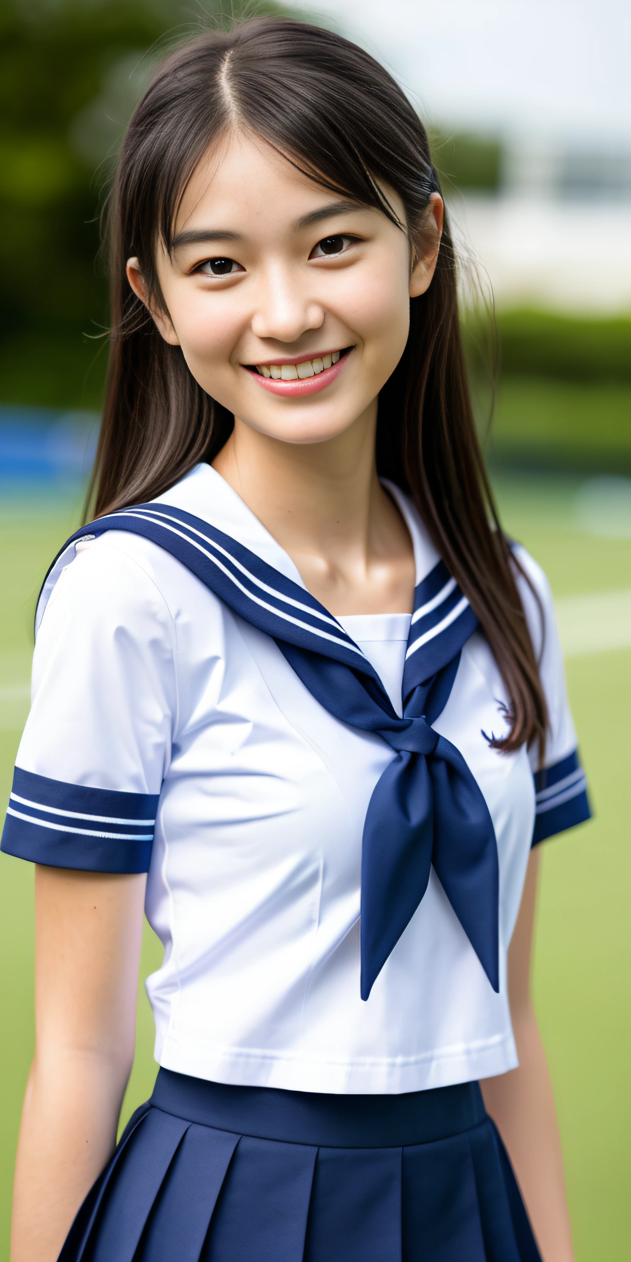 neat college girl, (school uniform, sailor uniform, ribbon tied at chest, summer clothes, upper body white, skirt dark blue, short sleeves), outside the athletic field, (slim), photorealistic, detail, skin texture, ultra detail, delicate and sexy collarbone, smile, super detailed face, detailed lips, detailed eyes, double eyelids, small breasts, small breasts, small, flat breasts, breast emphasis