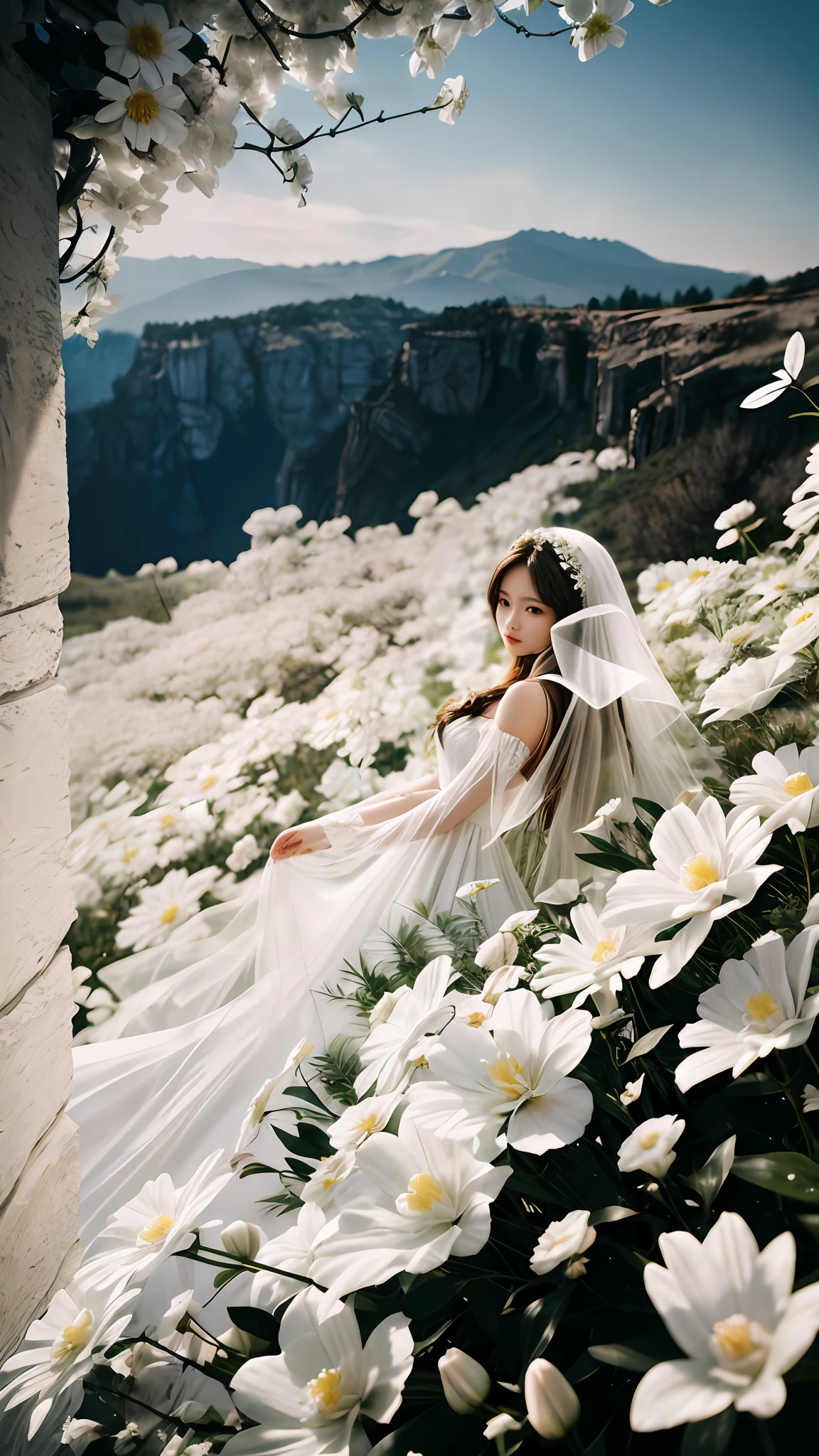 (A beautiful angel:1.3)Delicate face, long hair, white dress, white flowers, chiaroscuro, masterpiece, super high detail, Canon photography