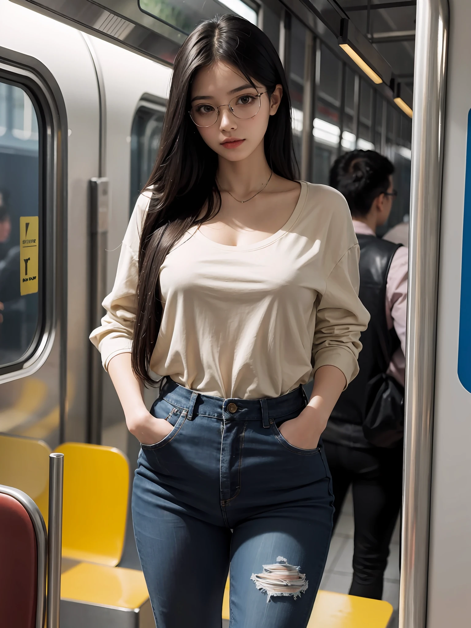 masterpiece, best quality,
1girl, black hair, long hair, glasses, medium breasts, casual, standing in train