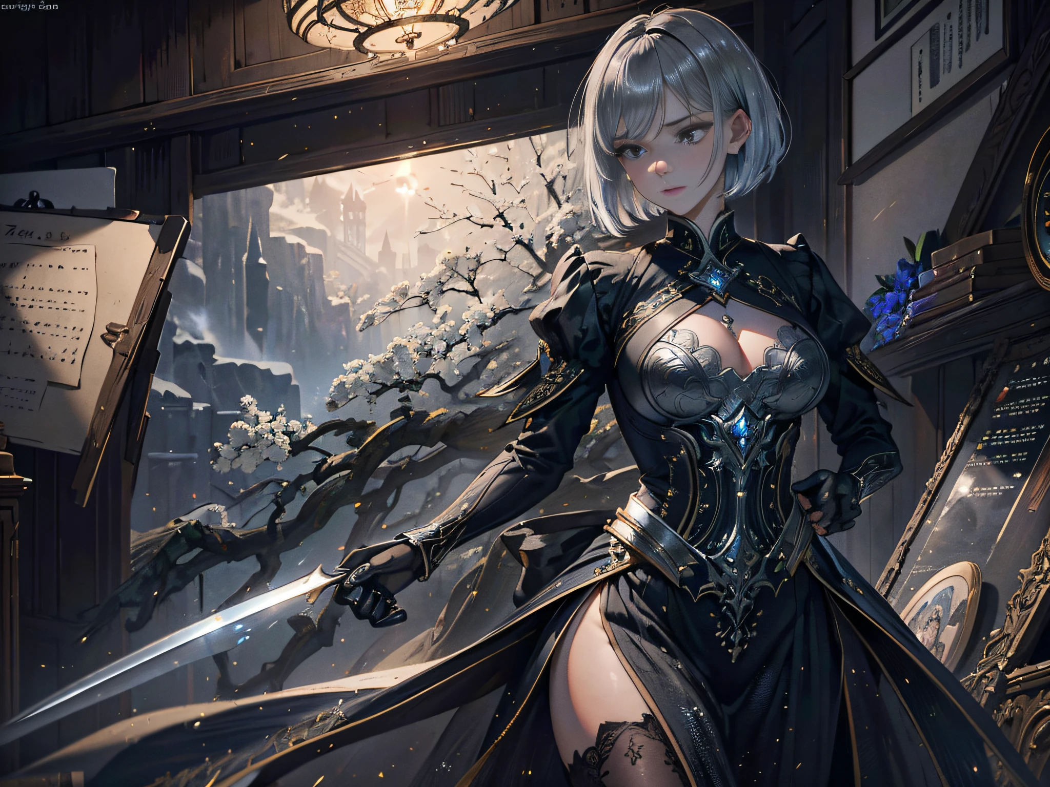 A woman who is，Silver short bob hair，black reotard，Dagger in hand，Top CG，HighestQuali，The proportions are correct，The composition is perfect，High quality details，perfect  detail，(best illuminate)，(super complex detail)，(Ultra-detailed CG: 1.2)， (8K: 1.2)，realisticlying，rendering by octane