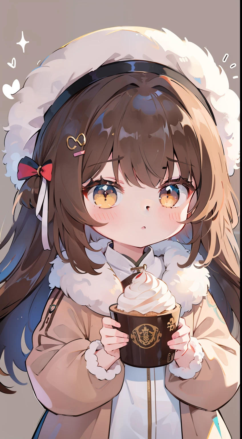 One girl、Long、Mocha Brown Hair、cute little、fluffy hair、fluffy hair、light brown hair、Background of sweets、Calm、