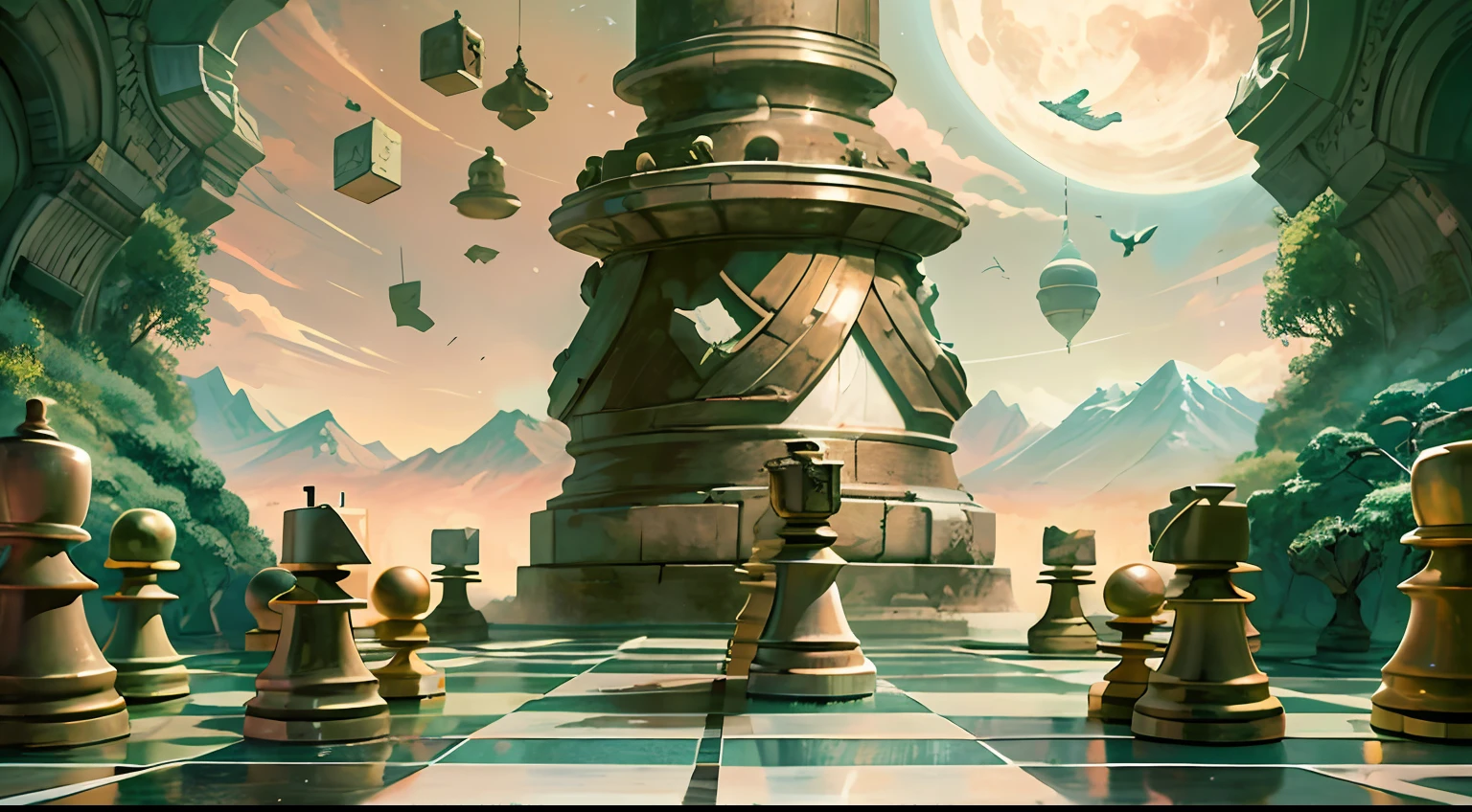 Um vibrante, Realistic digital painting of a chess piece, Tumbling in the middle of a checkmate in the landscape of an alien planet. The scene is bathed in soft, ambient lighting, bringing out every detail with exceptional quality. The work is inspired by Hokusai's style, evoking a manga-inspired version. The use of digital painting and computer graphics Cycles ensures an impressive 8K resolution, permitindo detalhes intrincados e cores vivas para criar uma obra-prima impressionante.