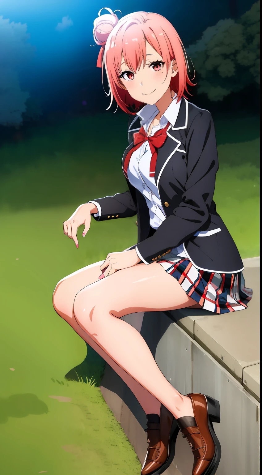 masutepiece, High quality, Best Quality, High resolution, 4K, High Definition, Beautiful lighting,Highly detailed face, well-drawn hands, well-drawn legs,well-drawn feet,well-drawn eyes,1girl in, Short hair, Pink hair, Pink eyes, Yui, Hair bun,sobu highschool uniform, Black Blazer, White shirt, red ribbon plaid skirt, Smiling,look at viewer