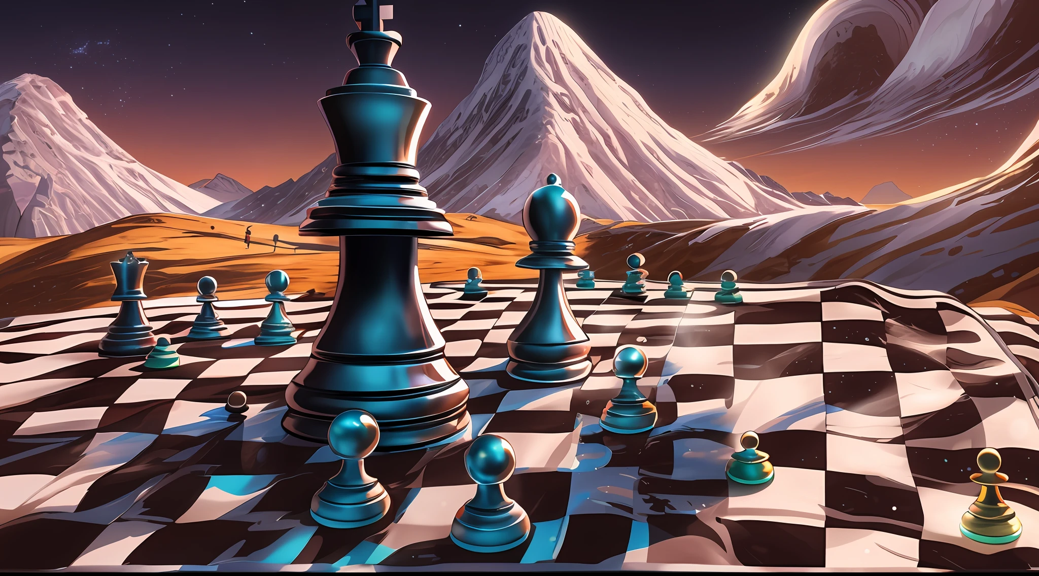 Um vibrante, Realistic digital painting of a chess piece, Tumbling in the middle of a checkmate in the landscape of an alien planet. The scene is bathed in soft, ambient lighting, bringing out every detail with exceptional quality. The work is inspired by Hokusai's style, evoking a manga-inspired version. The use of digital painting and computer graphics Cycles ensures an impressive 8K resolution, permitindo detalhes intrincados e cores vivas para criar uma obra-prima impressionante.