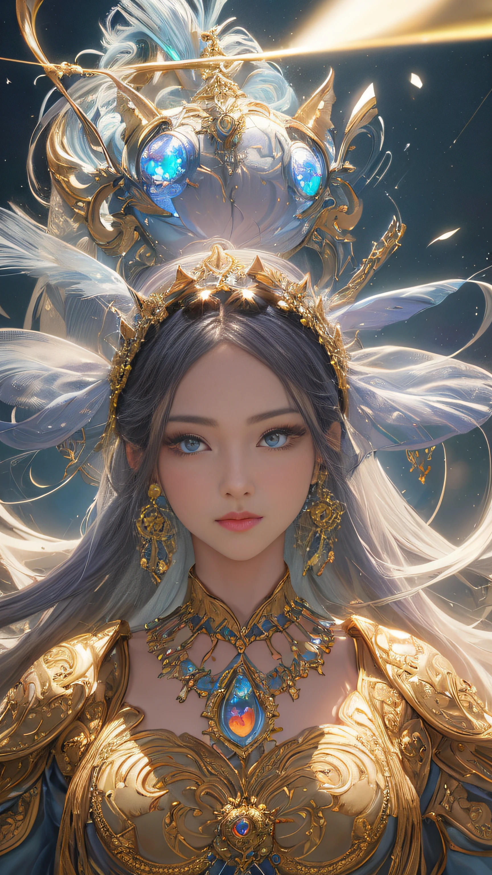 Super beautiful glowing eyes、Photorealsitic:1.4), (masterpiece, side lights, Exquisite beautiful eyes: 1.2), masterpiece*portlate, realisitic, 3D 顔, Luminous Eyes, Shiny hair, Glossy skin, 独奏, embarrassed from, (hason), Super artistic