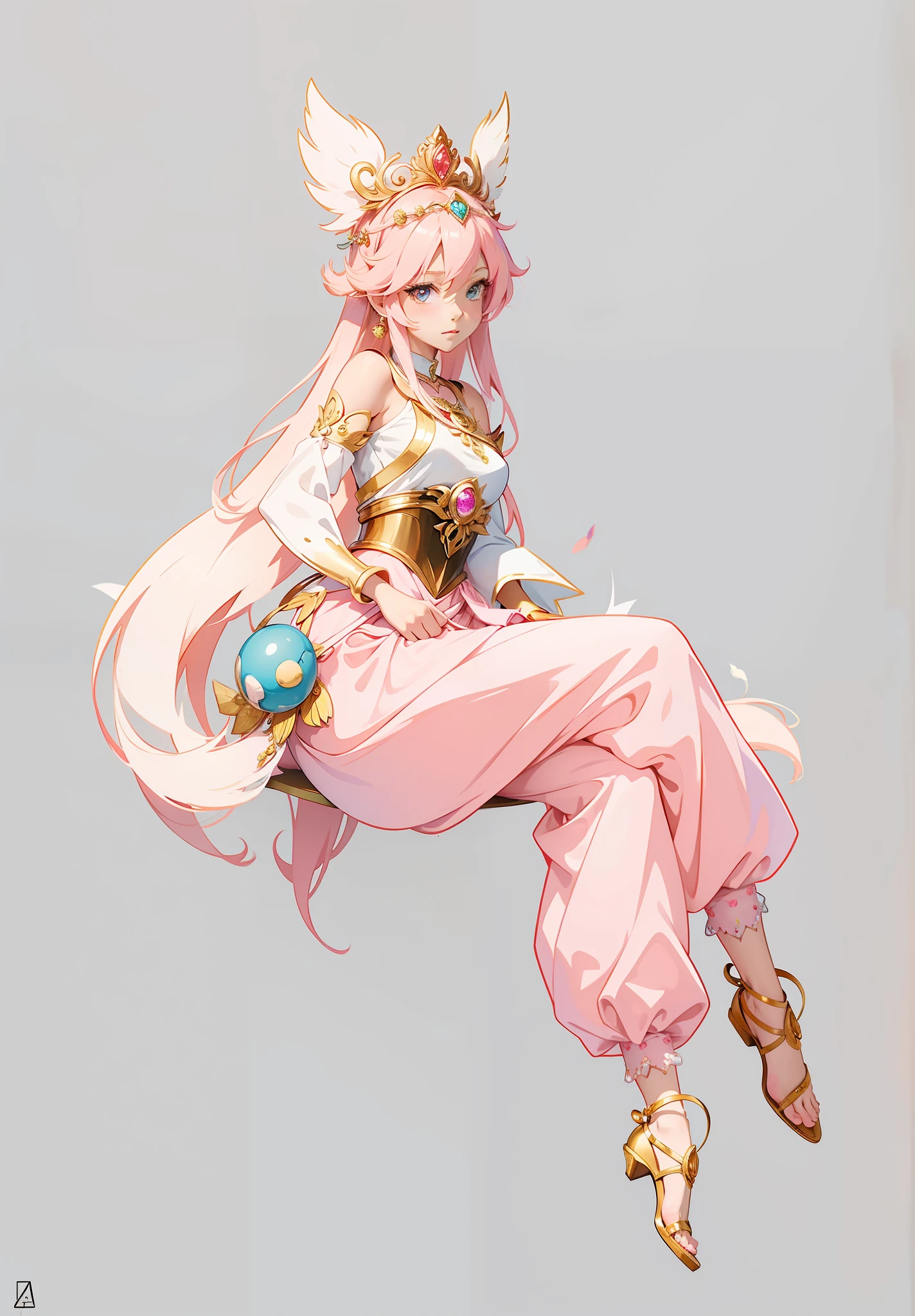 Anime girl with pink clothes,Suspended in the air， highly detailed exquisite fanart, a human-like juicy peach, made with anime painter studio, lady palutena, seagulls, peach princess), High-quality fanart, Anime princess, Humanoid pink sitting girl,Blue lantern in hand， Detailed fanart, Anime goddess, line art in colour, Metal ornaments are embellished，On his chest hangs a Philosopher's Stone