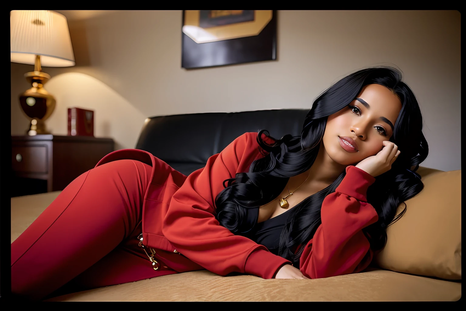 (instant photo:1.4) photo of a black African woman, age 25, with long curled black hair, wearing a cute bright red hoodie, golden accessories, (seated on a suede blue couch:0.5), Full body shot, in a serene majestic equatorial room, (god rays:1.0), Dutch Angle, shot on Hasselblad X1D II, Voigtländer Nokton 50mm f1.1, (in style of Alfred Stieglitz:1.4)