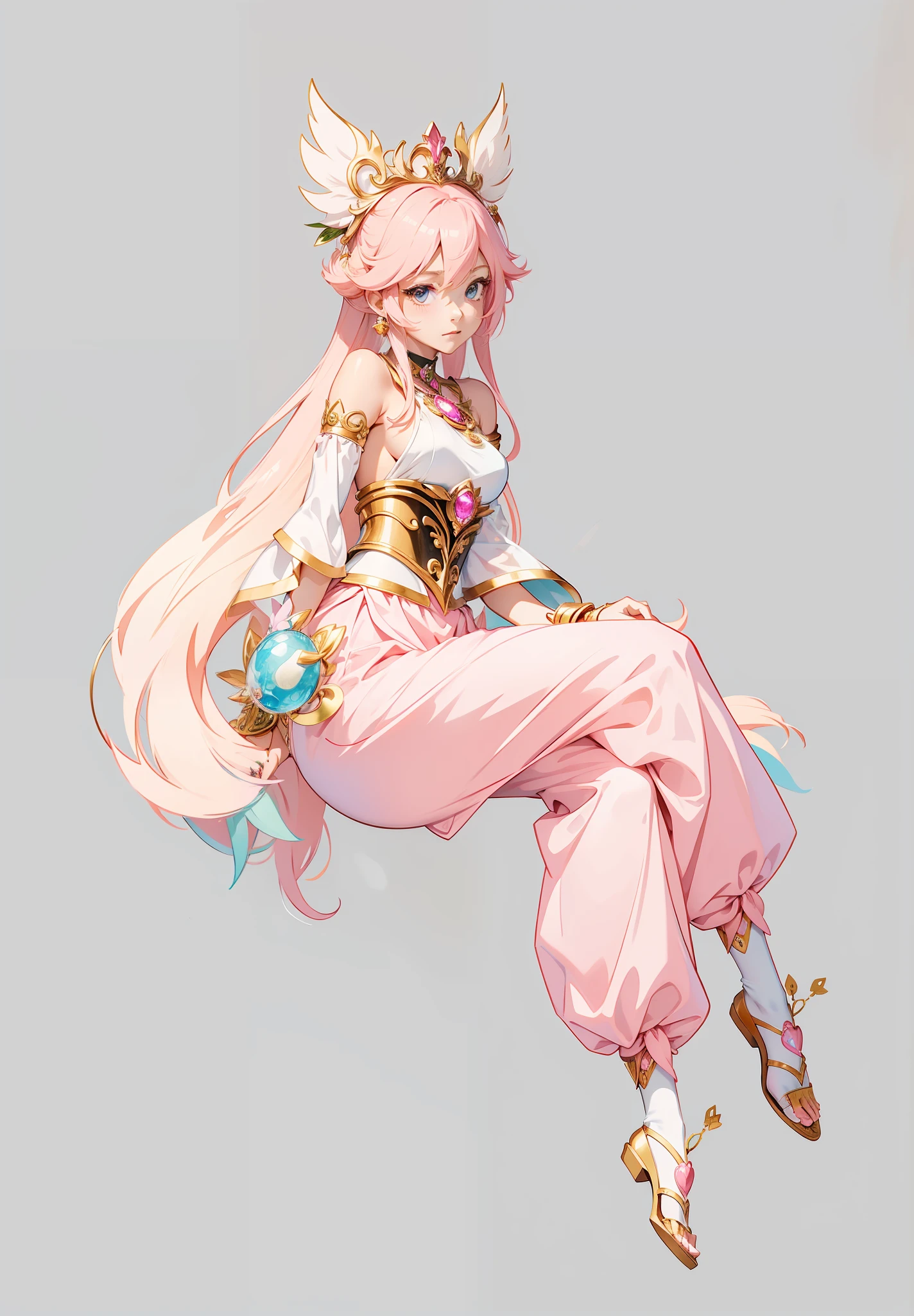 Anime girl with pink clothes,Suspended in the air, highly detailed exquisite fanart, a human-like juicy peach, made with anime painter studio, lady palutena, seagulls, peach princess), High-quality fanart, Anime princess, Humanoid pink sitting girl,Blue lantern in hand, Detailed fanart, Anime goddess, line art in colour, Metal ornaments are embellished,On his chest hangs a Philosopher's Stone