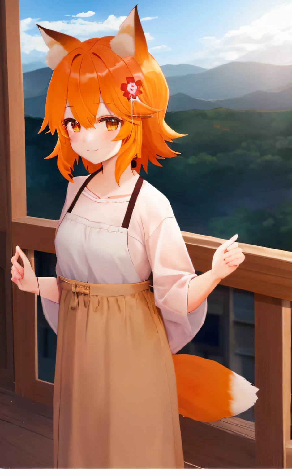 sen, animal ears, Fox ears, fox girl, One fox tail, flower for hair, hair ornament, Orange Eyes, orange hair, Short Hair Hair, tail, Flat Breast,snowy mountains,Kind smile,wallpapers,4k,Small house in the background