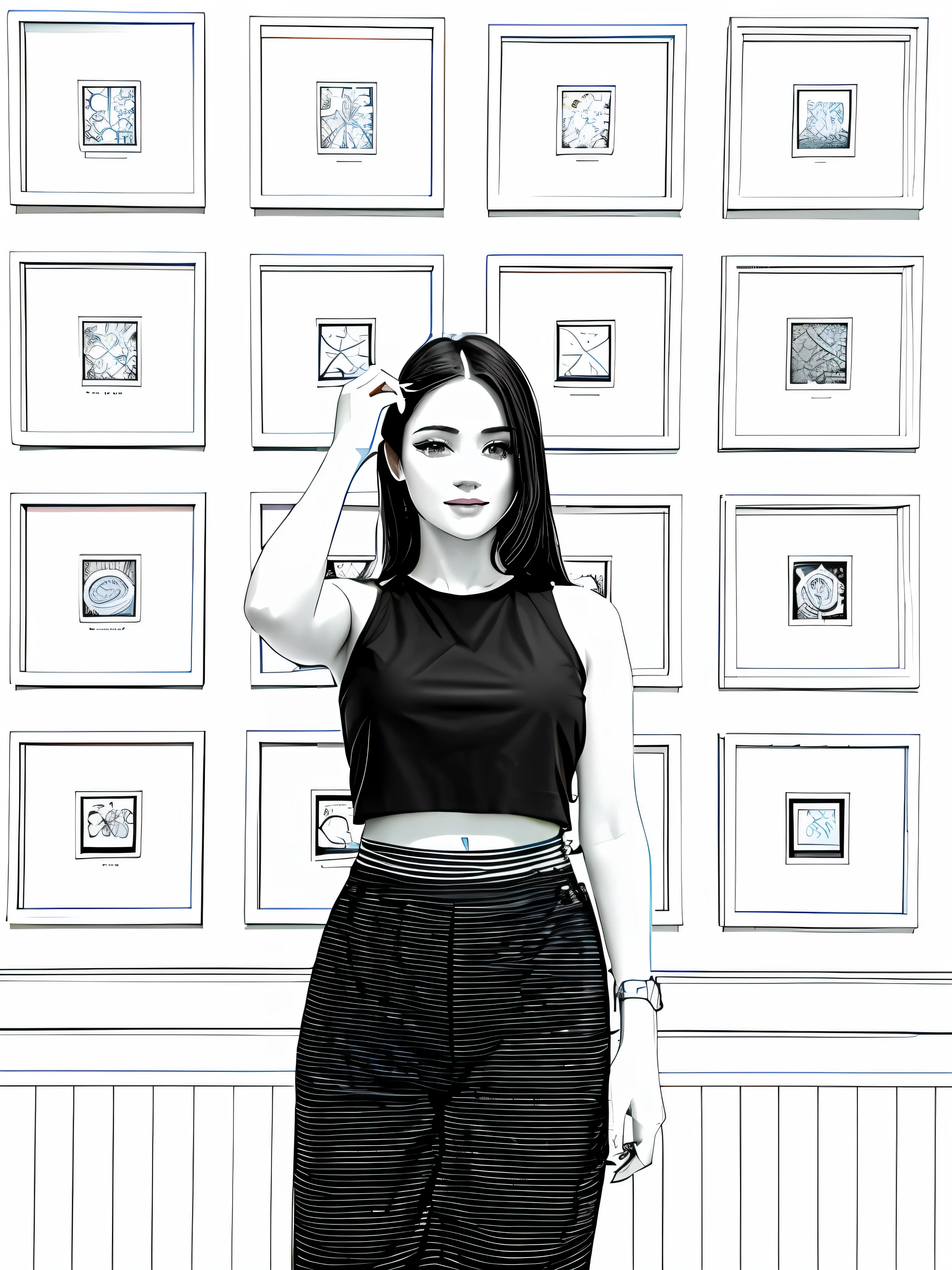 "Adorable girl, stylish crop top, poised in an art gallery, captivating gaze, charming smile, intricate line work, black and white aesthetic." Line art, monochrome