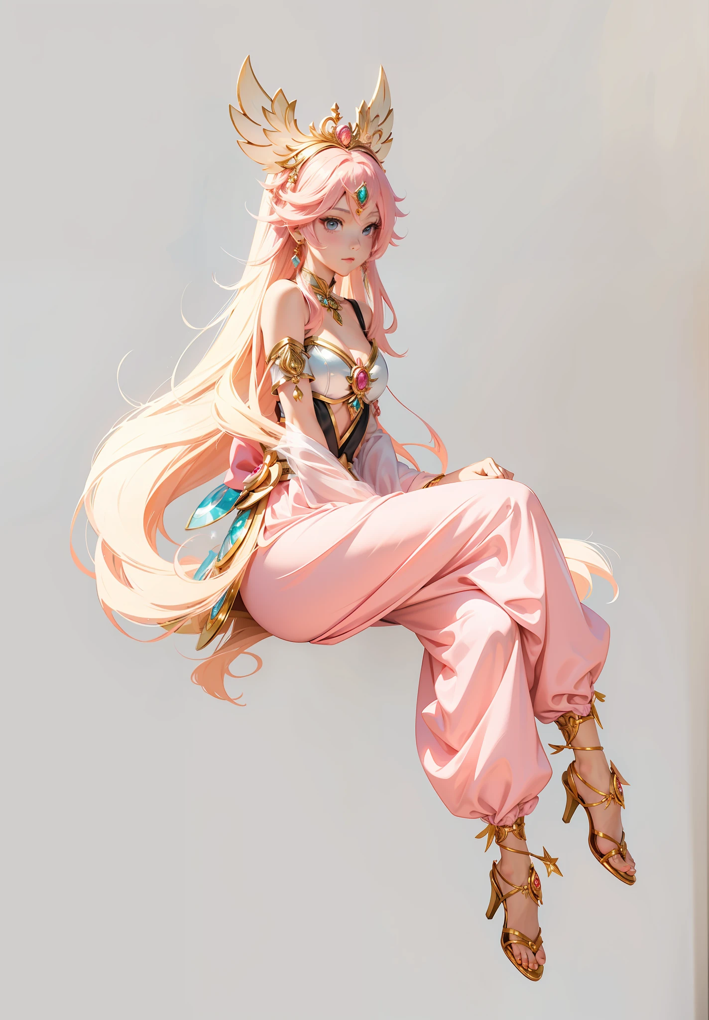 Anime girl with pink clothes,Suspended in the air， highly detailed exquisite fanart, a human-like juicy peach, made with anime painter studio, lady palutena, seagulls, peach princess), High-quality fanart, Anime princess, Humanoid pink sitting girl,Blue lantern in hand， Detailed fanart, Anime goddess, line art in colour, Metal ornaments are embellished，There is a Philosopher's Stone hanging from the chest