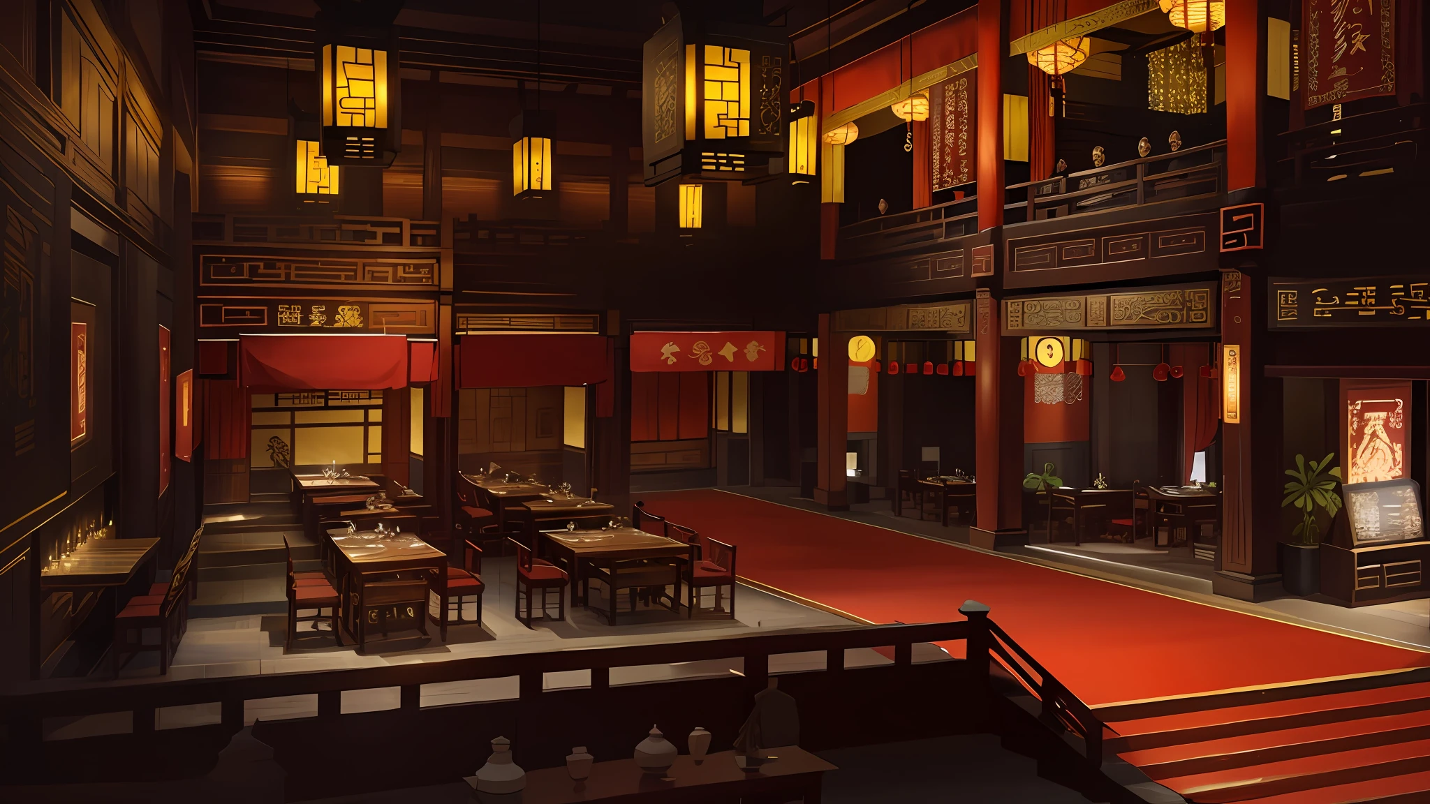 China-style，ancient buildings，There is a large room with red carpet and red carpet, Beautiful rendering of the Tang Dynasty, Restaurants，Rows of dining tables and benches