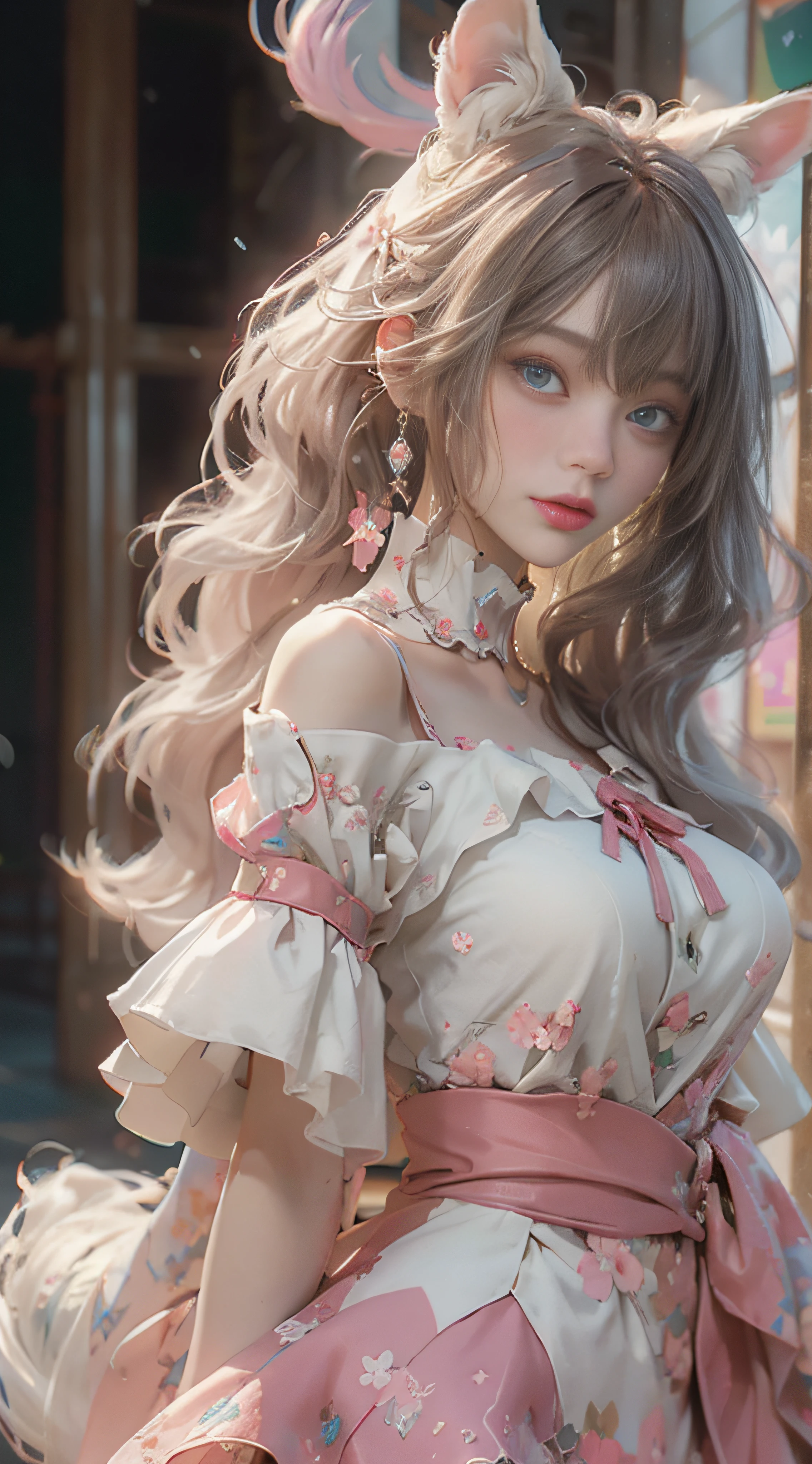 ((best qualtiy)), ((tmasterpiece)), (detail:1.4), Beautiful cyberpunk female images,hdr(HighDynamicRange),Ray traching,NVIDIA RTX,Hyper-Resolution,illusory 5,sub surface scattering,PBR textures,post-proces,Anisotropy Filtering,depth of fields,maximum definition and sharpness,Many-Layer Textures,Albedo e mapas Speculares,Surface coloring,Mitsu-Accurate simulation of material interactions,perfectly proportioned,rendering by octane,Two-colored light,largeaperture,Low ISO,White balance,Rule three points、8K raw data、Beautiful bright blue pupils,off-the-shoulder clothes,Fine pupils,Delicate face and eyes,long eyelasher,Blushlush,Delicate and fluffy hair,pink lip,Pure,Cute face,Sweet girl,Artistic sense,Casual wear,Advancedsense,butterflys,Cherry blossom petal,Beautiful hair accessories,Long hair and waist,Hair fluttering in the wind,Snow-white fox ears,curlies,Snow-white fluffy tail,Positive light,The light from the back window is backlighted