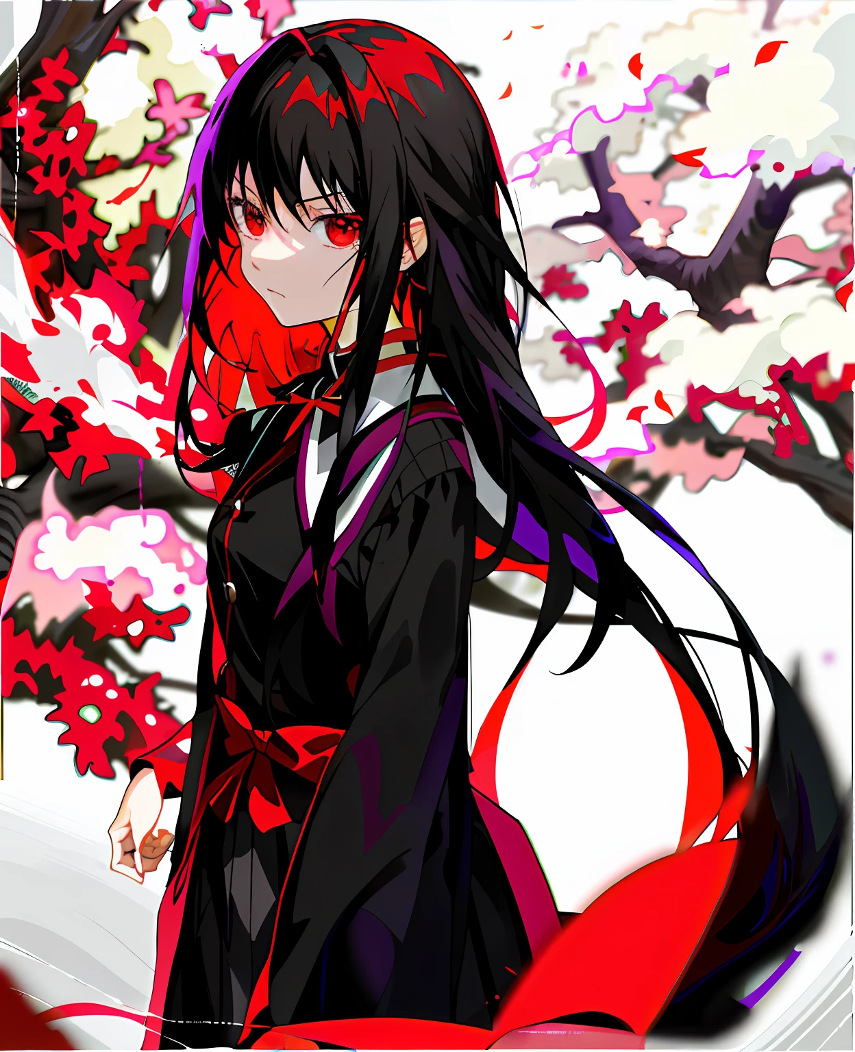Anime girl with long black hair and red eyes standing in front of a tree, author:Hosomura Kane, inspired by Jin Homura, (Anime girl), tohsaka-rin, Anime moe art style, :14 80s anime style, Anime girl with long hair, with red glowing eyes, drak, anime wallaper, Anime girl wearing black dress
