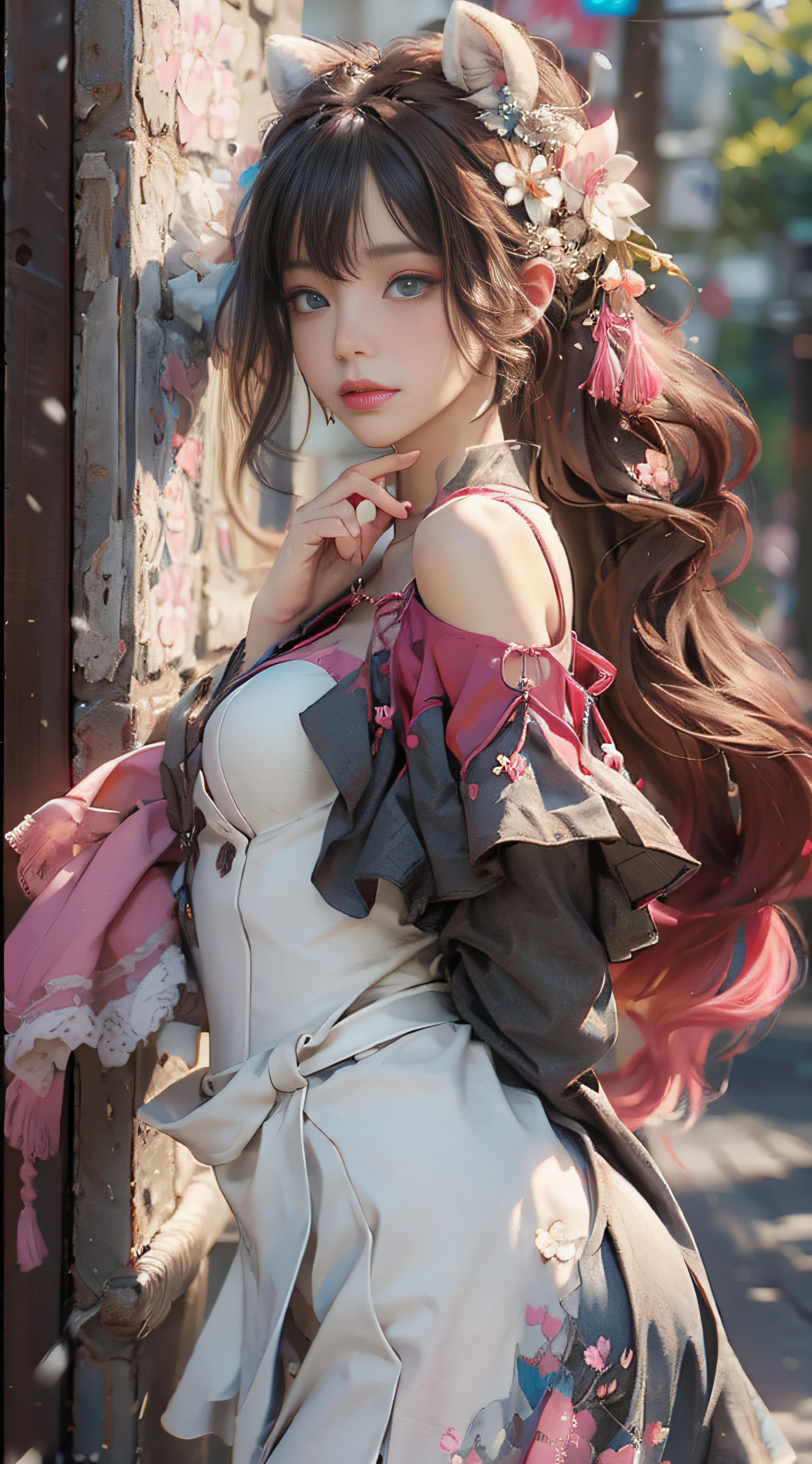 ((best qualtiy)), ((tmasterpiece)), (detail:1.4), Beautiful cyberpunk female images,hdr(HighDynamicRange),Ray traching,NVIDIA RTX,Hyper-Resolution,illusory 5,sub surface scattering,PBR textures,post-proces,Anisotropy Filtering,depth of fields,maximum definition and sharpness,Many-Layer Textures,Albedo e mapas Speculares,Surface coloring,Mitsu-Accurate simulation of material interactions,perfectly proportioned,rendering by octane,Two-colored light,largeaperture,Low ISO,White balance,Rule three points、8K raw data、Beautiful bright blue pupils,off-the-shoulder clothes,Fine pupils,Delicate face and eyes,long eyelasher,Blushlush,Delicate and fluffy hair,pink lip,Pure,Cute face,Sweet girl,Artistic sense,Casual wear,Advancedsense,butterflys,Cherry blossom petal,Beautiful hair accessories,Long hair and waist,Hair fluttering in the wind,Snow-white fox ears,curlies,Snow-white fluffy tail,Positive light,The light from the back window is backlighted