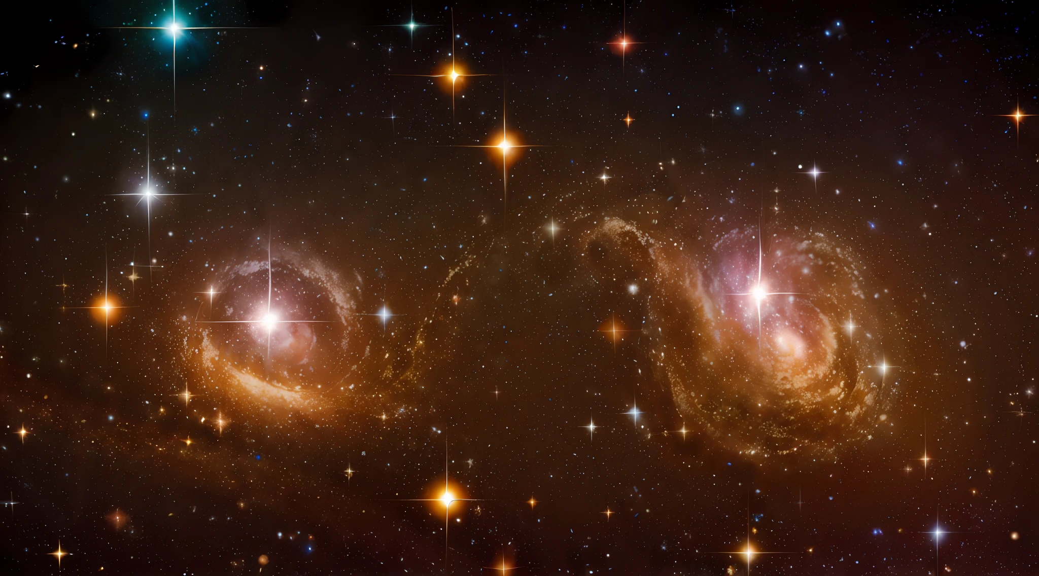 um close up de dois objetos em forma de espiral em um campo estelar, Fundo da foto do Hubble, Swirling galaxies, on a galaxy looking background, galaxy and nebulas, Glorious galactic collision, stars in space, Stellar space, galactic light colors, cosmic stars, Foto Hubble, Fotografia do Deep Space Hubble, galaxies revolving around, space photo, Estrelas espaciais bonitas