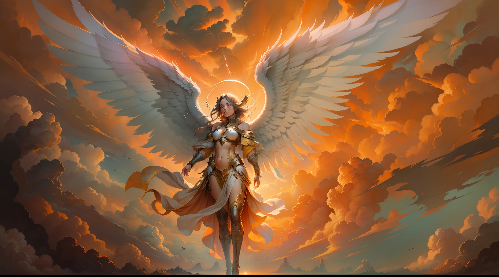 [a realistic painting of an Angel, with detailed wings amid the clouds of the burning sky]