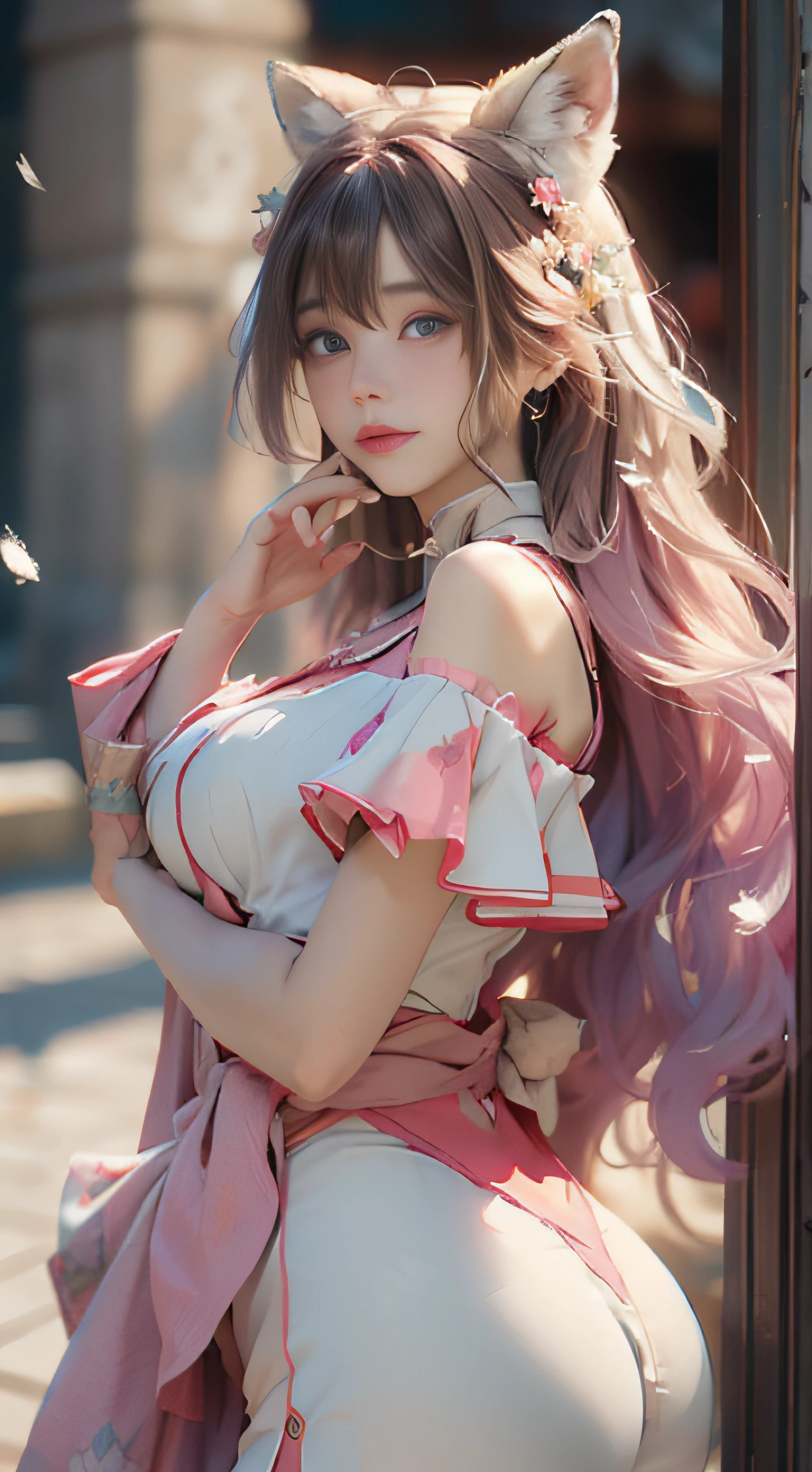 ((best qualtiy)), ((tmasterpiece)), (detail:1.4), Beautiful cyberpunk female images,hdr(HighDynamicRange),Ray traching,NVIDIA RTX,Hyper-Resolution,illusory 5,sub surface scattering,PBR textures,post-proces,Anisotropy Filtering,depth of fields,maximum definition and sharpness,Many-Layer Textures,Albedo e mapas Speculares,Surface coloring,Mitsu-Accurate simulation of material interactions,perfectly proportioned,rendering by octane,Two-colored light,largeaperture,Low ISO,White balance,Rule three points、8K raw data、Beautiful bright blue pupils,off-the-shoulder clothes,Fine pupils,Delicate face and eyes,long eyelasher,Blushlush,Delicate and fluffy hair,pink lip,Pure,Cute face,Sweet girl,Artistic sense,Casual wear,Advancedsense,butterflys,Cherry blossom petal,Beautiful hair accessories,Long hair and waist,Hair fluttering in the wind,Snow-white fox ears,curlies,Snow-white fluffy tail,Positive light,The light from the back window is backlighted