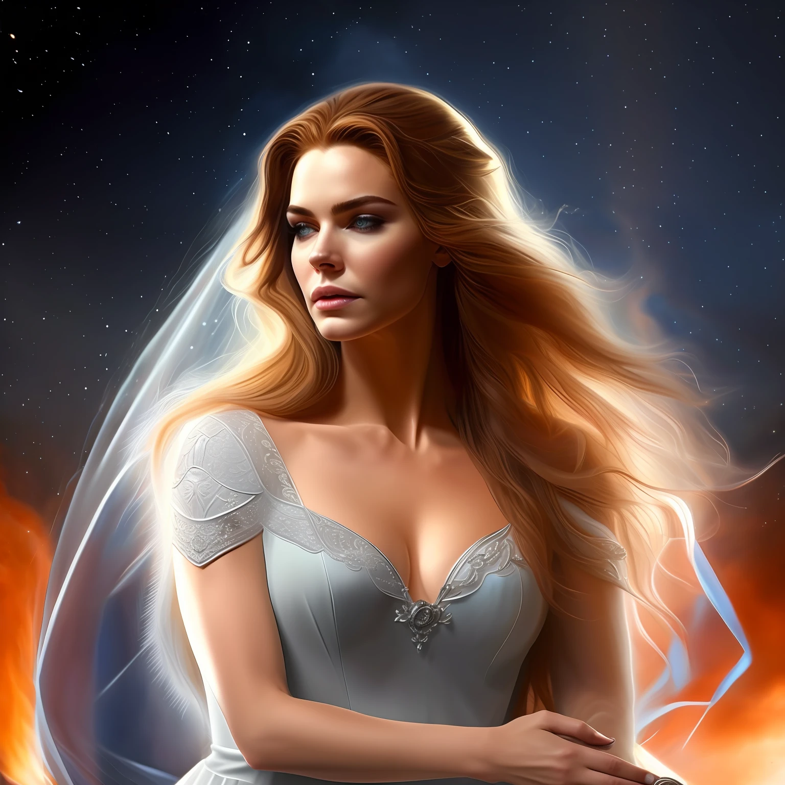 "Immerse yourself in the captivating world of Sarah J. Maas' A Court of Thorns and Roses series and bring to life the mesmerizing love story of Feyre and Rhysand. As the artist, your task is to create a breathtaking couple portrait that encapsulates the deep bond and undeniable connection between these two beloved characters. With Feyre's fiery blonde hair and blue eyes that hold both vulnerability and strength, juxtapose Rhysand's dark, sensual allure, with his sapphire-blue eyes and Night Court tattoo. Capture the tenderness in their intertwined hands and the unspoken promises reflected in their gazes. Place them against a backdrop beauty and challenges they have faced together, Night Court's starlit skies in background. Let the portrait radiate with an ethereal glow, evoking the magic and power of their love. As the artist, weave together their individual journeys, portraying the resilience, passion, and unwavering devotion that defines their extraordinary bond, enticing viewers to delve deeper into the enchanting world of Prythian."