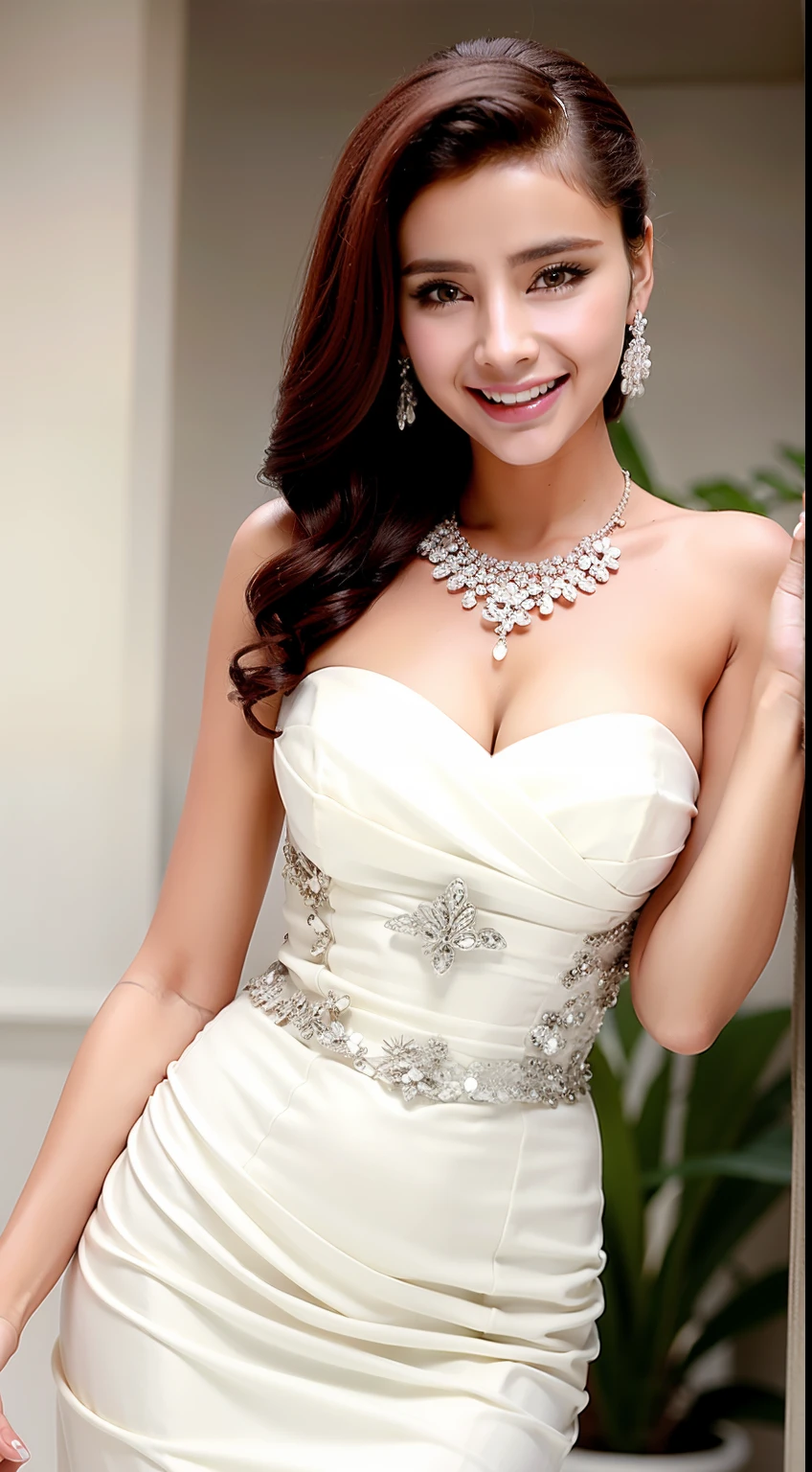 Fashion model 18 years old [[[[closeup cleavage]]]], [[[[boobgasm]]]], [[[[coll]]]], [[[[bshoulders]]]], perfect  eyes, Perfect iris，Perfect lips，perfect teeth，Perfect skin，Soft front light，hdr，Movie girl，Pale green evening dress，long whitr hair，Long hair with a shawl，Long hair like a waterfall，The background is indoors，Flowers in the background（pastel colour：1.2）