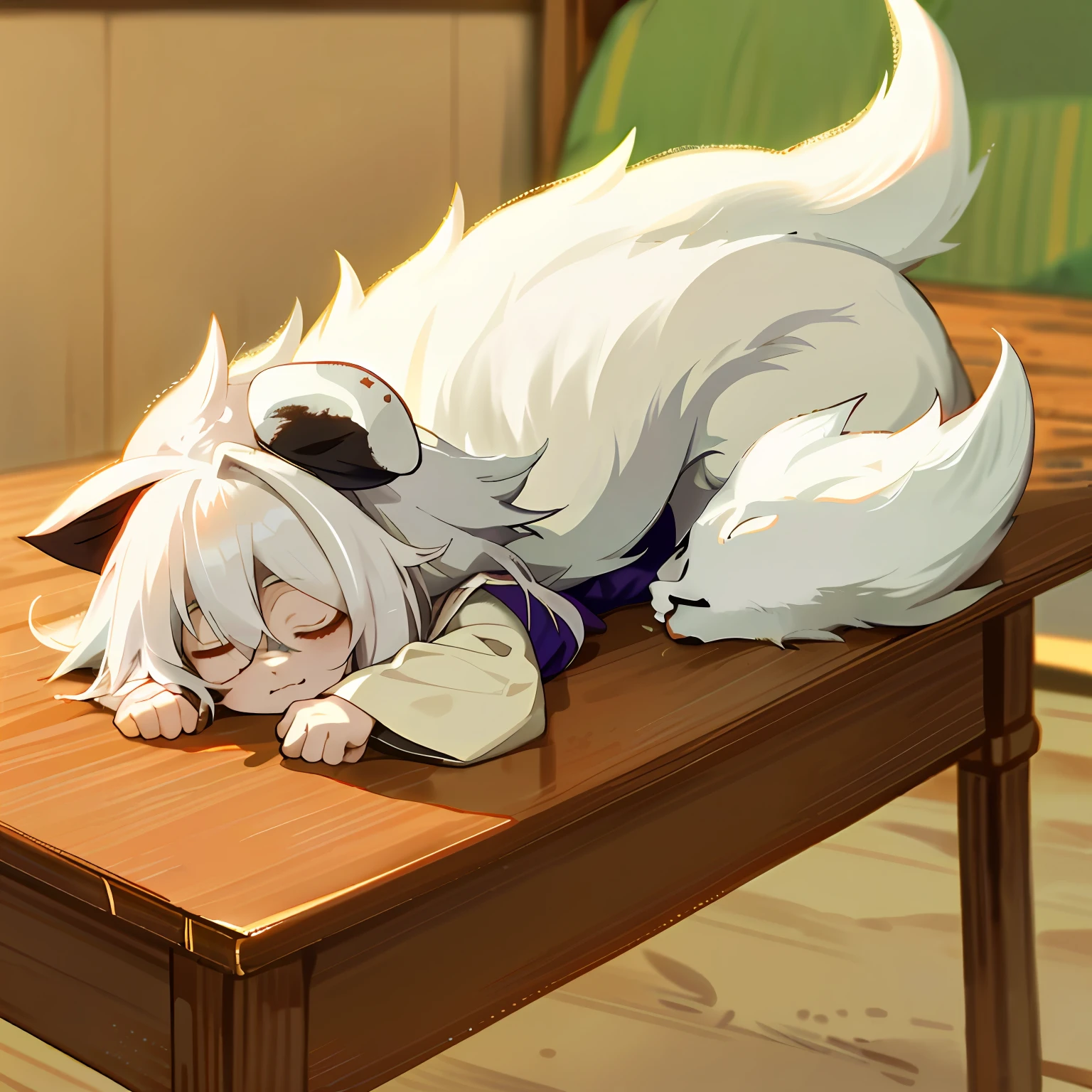 Anime - style picture of a white dog sleeping on a table, White-haired fox, resting after a hard fight, white fox anime, very sleepy and shy, Sleepy expression, an exhausted deity, senko-san, relaxed poses, Vampire White Fox, asriel dreemurr, relaxed dwarf with white hair, resting on a tough day, anime cat
