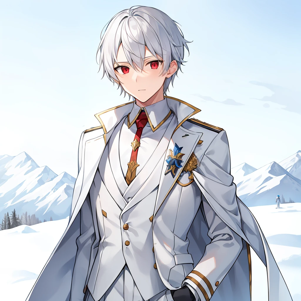 snow field，Boy，White suit，18yr old，Silvery hair，Red eyes，tmasterpiece