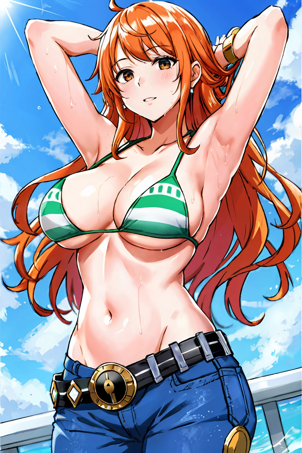 detailed background, masterpiece, 4k, best quality, late youth, adult, wrestler body, 1girl, active, energic, uppercut, (large mouth) , solo, nami \(one piece\), 1girl, bangle, (very wet, drenched in sweat, sweat all over body, very wet hair, tired, taking breath, open mouth, sweaty face, sweaty body, panting, sweating too much, shiny sweat, sweat stains, leaning forward, tilting, both hands waving good bye, both hands up, bruises on body), perfect detailed face, bold drawing lines, muscular arms, detailed bold arm lines, flat jaw, adult woman, wavy wide streaked bangs,(very long left side bangs, lock of hair upward), floating bang streaks, (big cheeks), bare shoulders, off-shoulders, belt, bikini, bikini top only, blue sky, bracelet, springy breasts, breast lines, big round eyes, plain big brown shiny eyes, bubbles, high eye position, cleavage, cloud, day, denim, earrings, floating hair, shiny hair, green belt, green bikini, bold groin lines, jeans, jewelry, large breasts, log pose, long hair, looking at viewer, navel, wet hair, orange hair, pants, shoulder tattoo, sidelocks, sky, solo, standing, stomach, swimsuit, tattoo , looking at viewer, open mouth, detailed left arm, big forehead, hourglass figure, small head, toned body, wide hair, wind effect, sun effect, under the sun, narrow small ears angle, older, random poses,