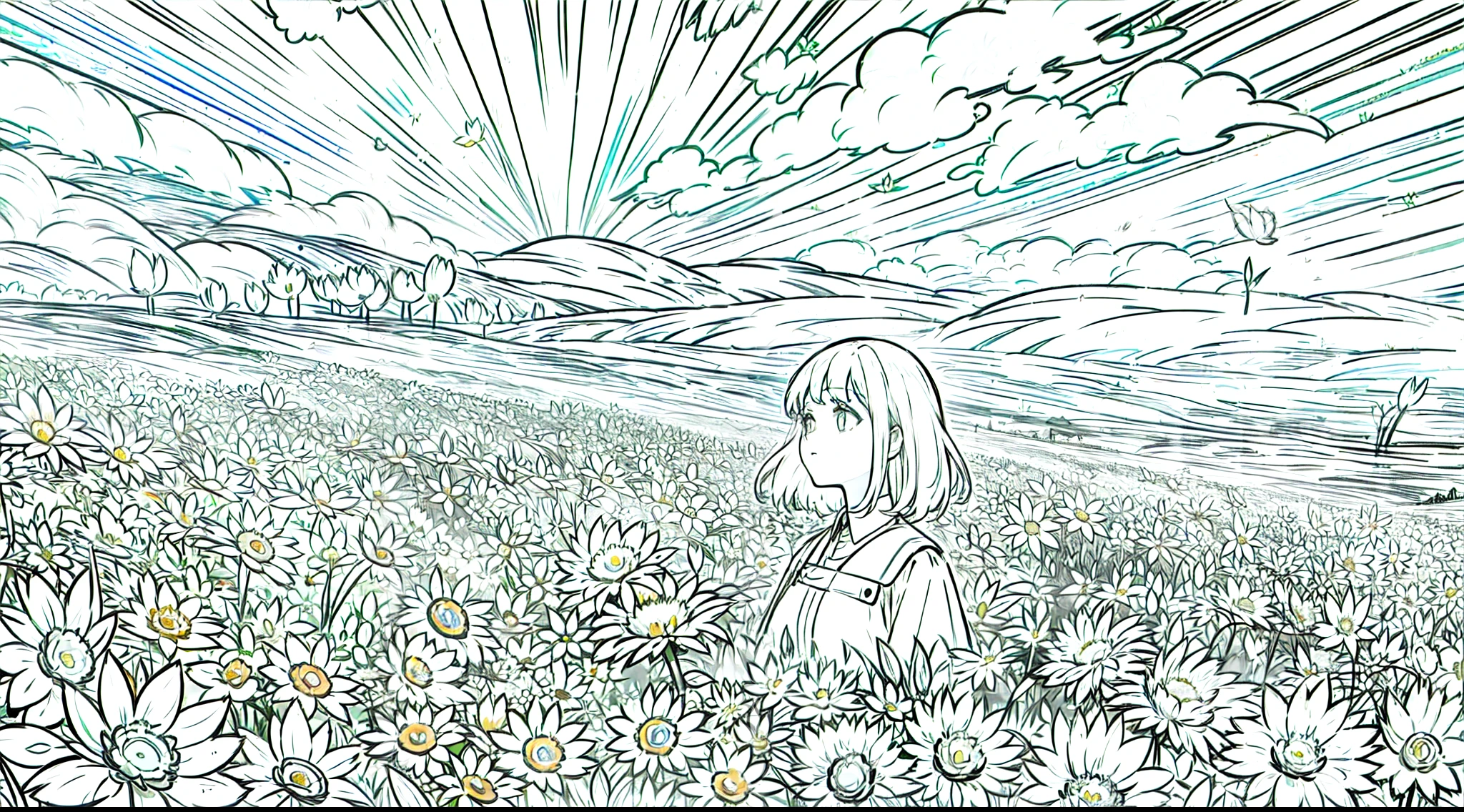 girl in field, (field of flowers), mid shot, portrait, clouds, sunrise