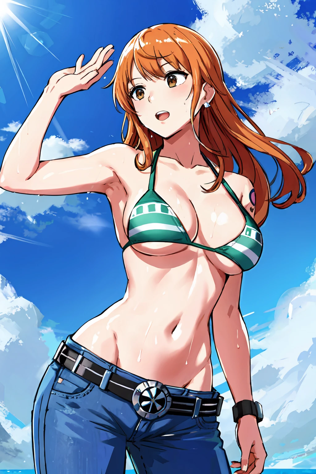 detailed background, masterpiece, 4k, best quality, late youth, adult, wrestler body, 1girl, active, energic, uppercut, (large mouth) , solo, nami \(one piece\), 1girl, bangle, (very wet, drenched in sweat, sweat all over body, very wet hair, tired, taking breath, open mouth, sweaty face, sweaty body, panting, sweating too much, shiny sweat, sweat stains, leaning forward, tilting, both hands waving good bye, both hands up, bruises on body), perfect detailed face, bold drawing lines, muscular arms, detailed bold arm lines, flat jaw, adult woman, wavy wide streaked bangs,(very long left side bangs, lock of hair upward), floating bang streaks, (big cheeks), bare shoulders, off-shoulders, belt, bikini, bikini top only, blue sky, bracelet, springy breasts, breast lines, big round eyes, plain big brown shiny eyes, bubbles, high eye position, cleavage, cloud, day, denim, earrings, floating hair, shiny hair, green belt, green bikini, bold groin lines, jeans, jewelry, large breasts, log pose, long hair, looking at viewer, navel, wet hair, orange hair, pants, shoulder tattoo, sidelocks, sky, solo, standing, stomach, swimsuit, tattoo , looking at viewer, open mouth, detailed left arm, big forehead, hourglass figure, small head, toned body, wide hair, wind effect, sun effect, under the sun, narrow small ears angle, older, random poses,