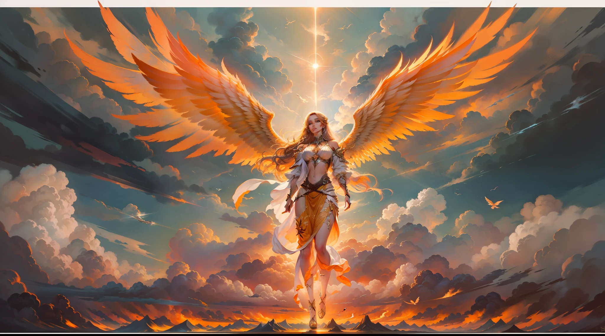 [a realistic painting of an Angel, with detailed wings amid the clouds of the burning sky]