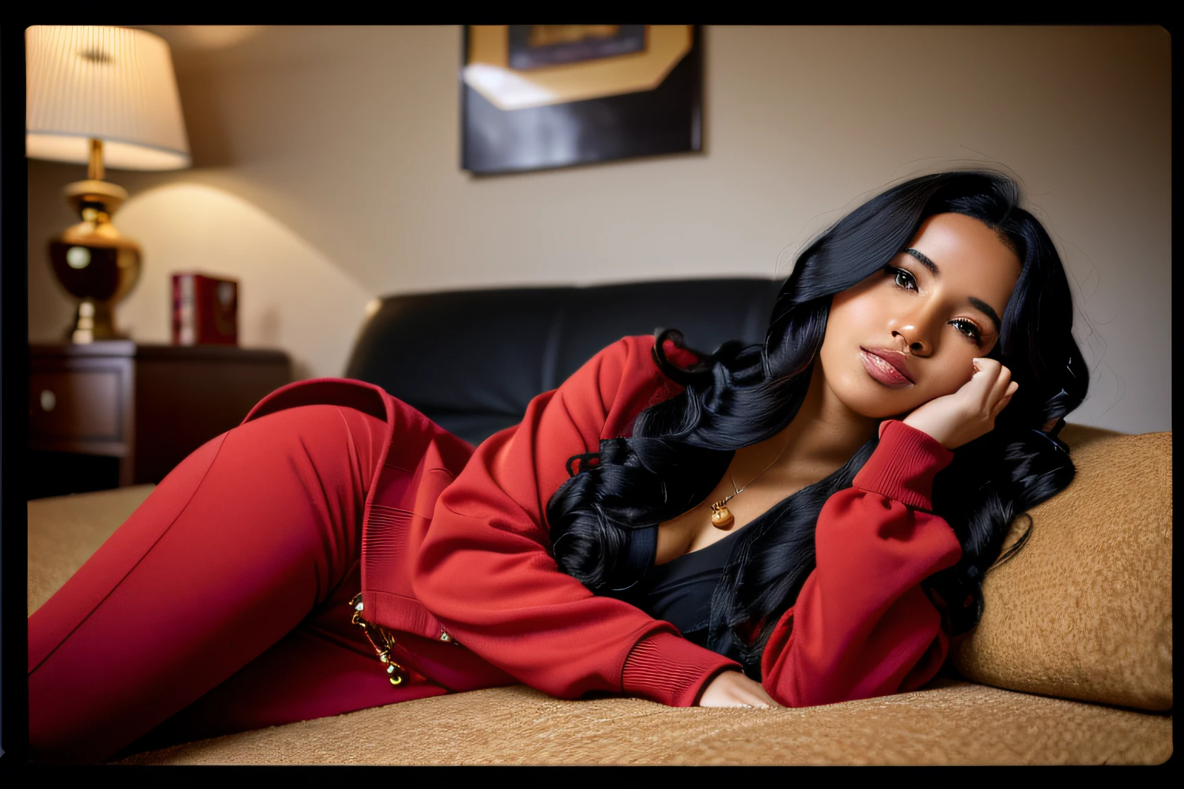 (instant photo:1.4) photo of a black African woman, age 25, with long curled black hair, wearing a cute bright red hoodie, golden accessories, (seated on a suede blue couch:0.5), Full body shot, in a serene majestic equatorial room, (god rays:1.0), Dutch Angle, shot on Hasselblad X1D II, Voigtländer Nokton 50mm f1.1, (in style of Alfred Stieglitz:1.4)