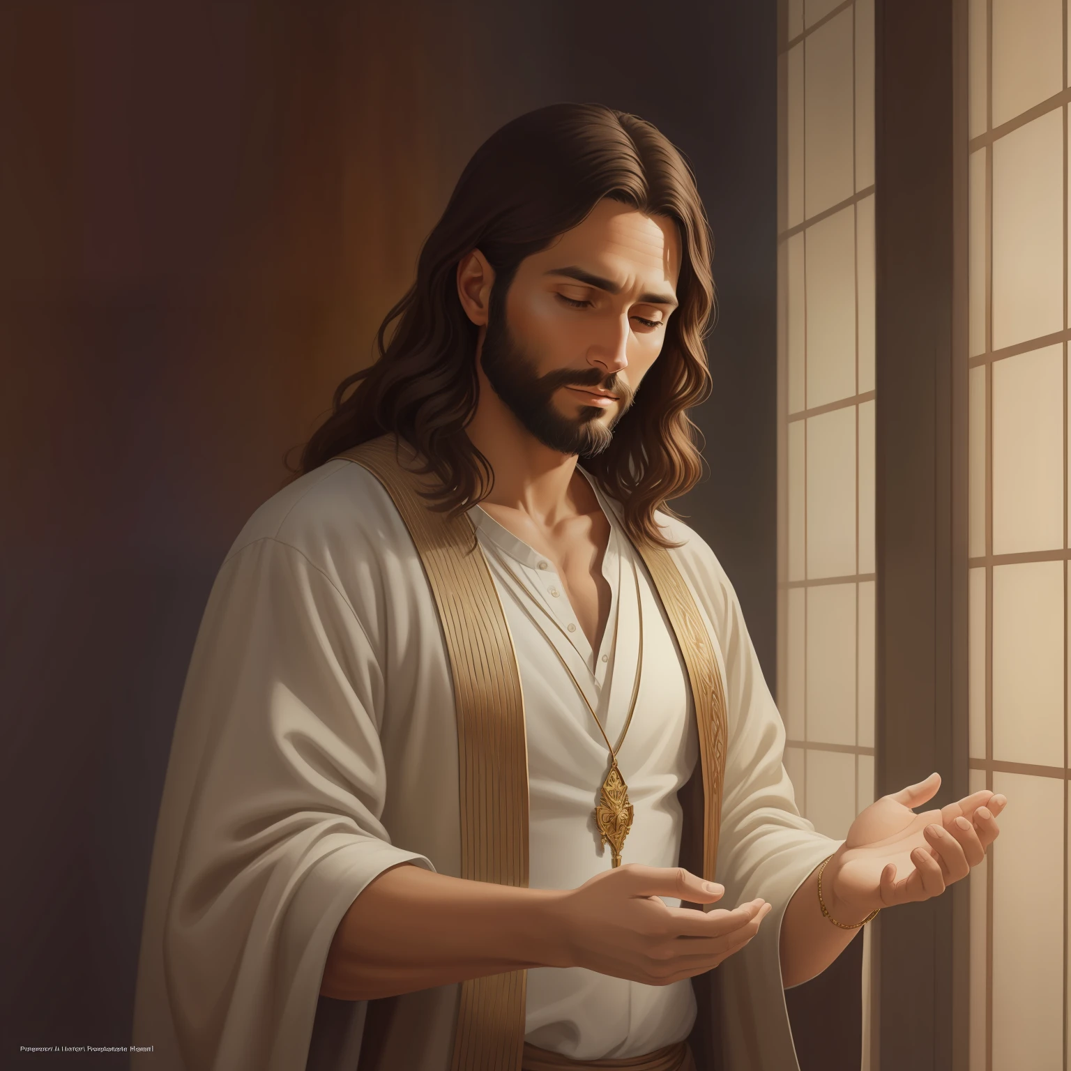 A beautiful ultra-thin realistic portrait of Jesus, the prophet, a man 33 years old Hebrew brunette, short brown hair, long brown beard, wearing long linen tunic closed on the chest part, in front view, full body, biblical, realistic,by Diego Velázquez,Peter Paul Rubens,Rembrandt,Alex Ross,8k, Concept Art, PhotoRealistic, Realistic,  Illustration, Oil Painting, Surrealism, HyperRealistic, pray , Digital art, style, watercolor, natural background, Praying ( Blessing woman)