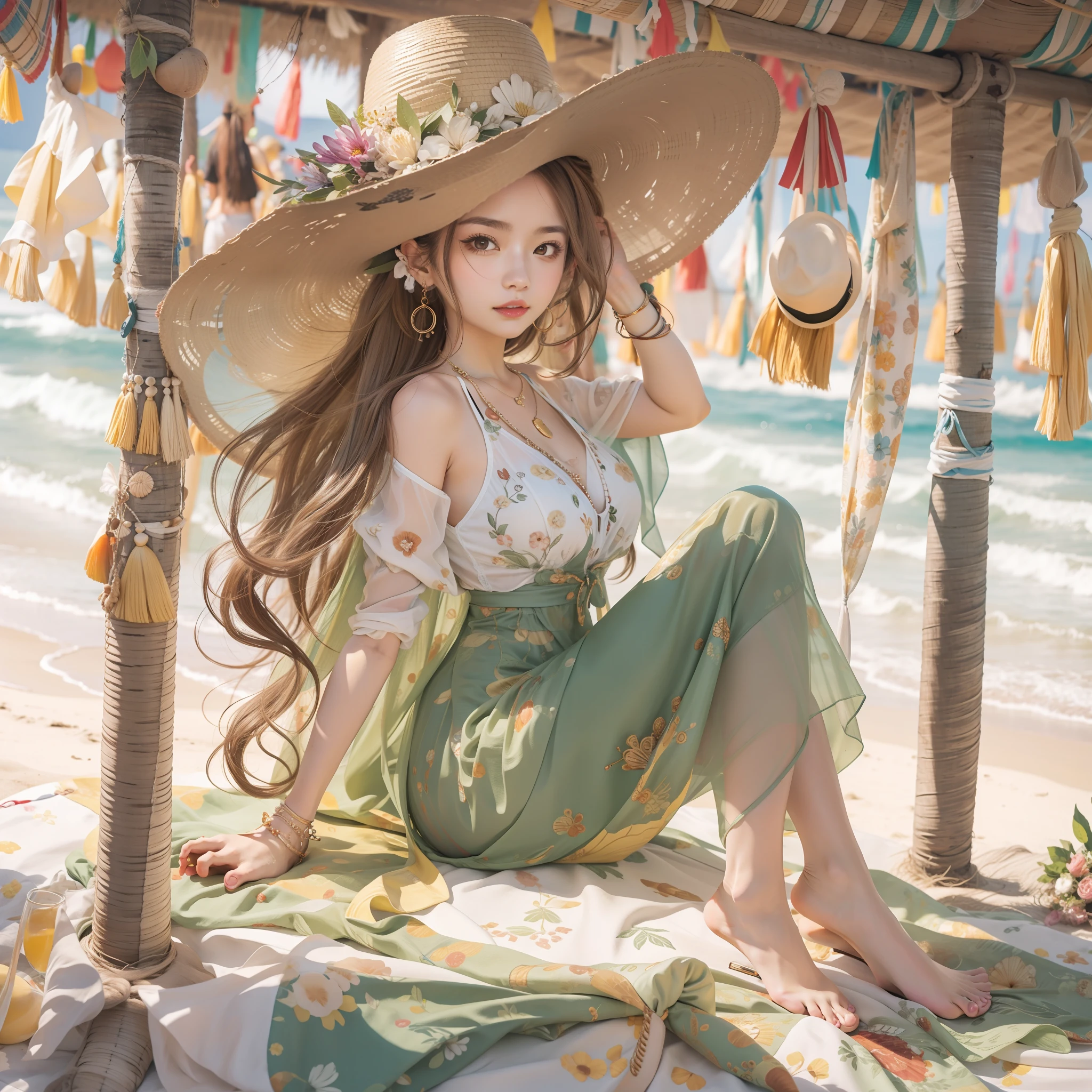 (​masterpiece:1.2、top-quality)、garments:See-through、a wide-brimmed hat、and strappy sandals、 accessory:shell necklace、 The hair:Loose wavy ponytail、 make - up:natural, Glowing skin、 BEReaction:relax、easygoing、Free-spirited、 The location:the beach、Resort、outdoor festival、Akame、Colossal tits、