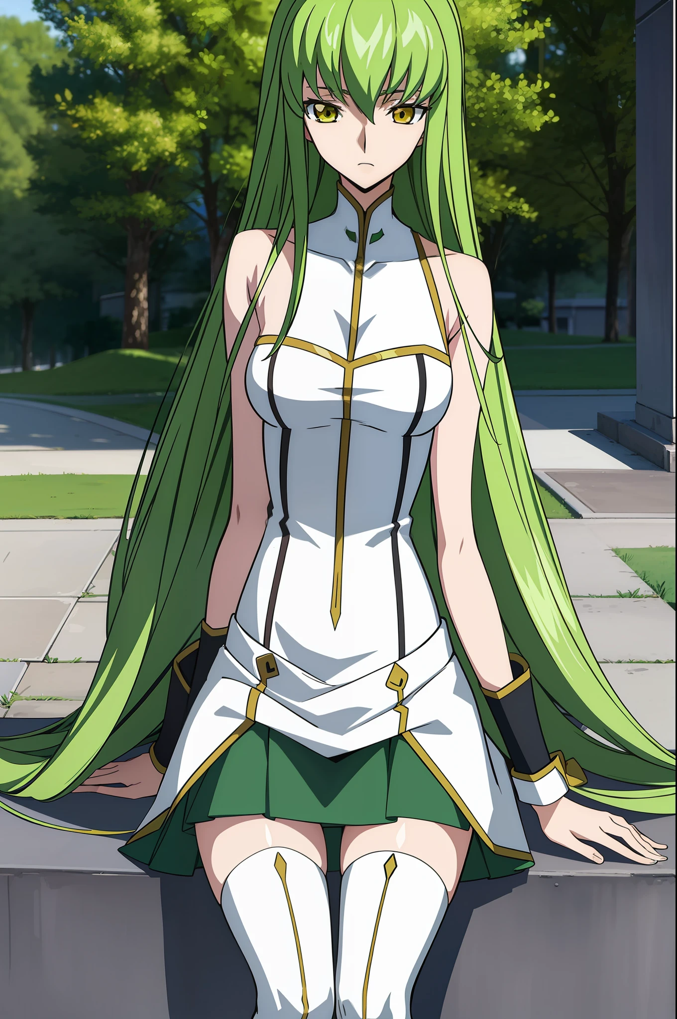 codeGeass c.c., 1girl, green hair, mini skirt, long hair, medium breasts, upper body, looking at viewer, solo, thigh, white thighhighs, yellow eyes, sitting, good anatomy, good artist, masterpiece