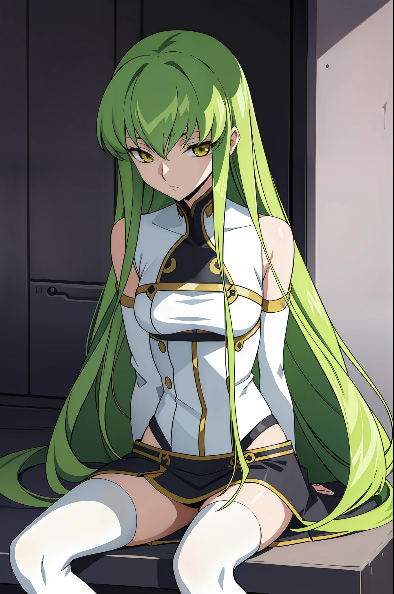 codeGeass c.c., 1girl, green hair, mini skirt, long hair, medium breasts, upper body, looking at viewer, solo, thigh, white thighhighs, yellow eyes, sitting, good anatomy, good artist, masterpiece