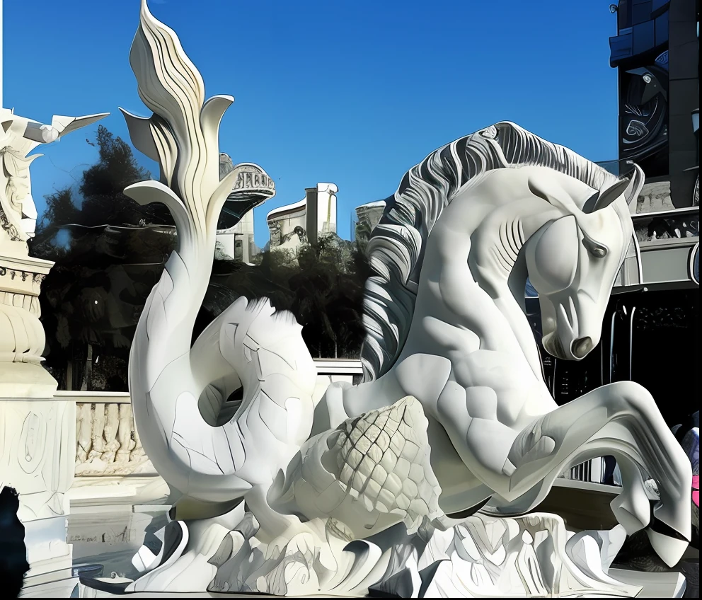 Guerreiro monta o cavalo e uma sereia , , vista completa do cavalo-marinho, monstrous statues of animals, white marble sculpture, marble sculptures, marble carving, sculpture of carving marble, cavalo-marinho, marble carving, animal - statue in shape, Seahorse, baroque vaporwave statue, made of marble