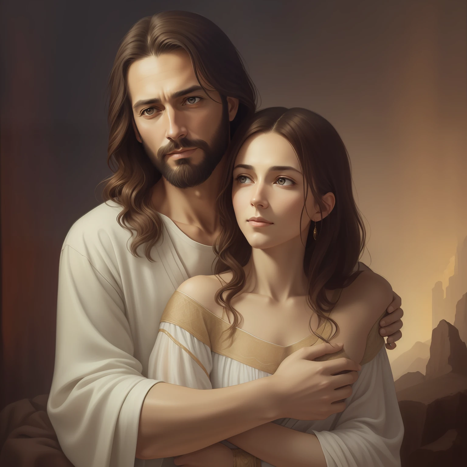 A beautiful ultra-thin realistic portrait of Jesus, the prophet, a man 50 years old Hebrew brunette, short brown hair, long brown beard, with, falling woman in arms, wearing long linen tunic closed on the chest part, in front view, full body, biblical, realistic,by Diego Velázquez,Peter Paul Rubens,Rembrandt,Alex Ross,8k, Concept Art, PhotoRealistic, Realistic, Illustration, Oil Painting, Surrealism, HyperRealistic, hugging in arms , Digital art, style, watercolor