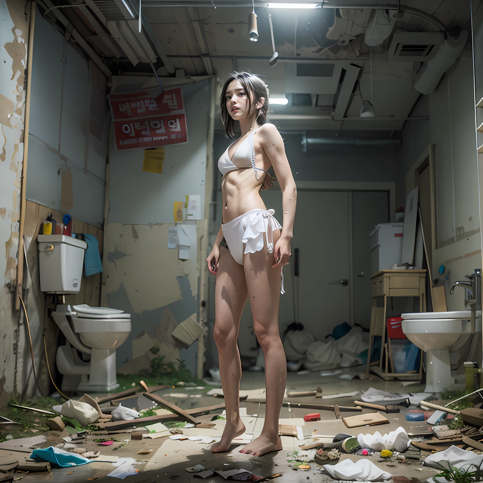 Standing in an abandoned men's toilet,legs are open,Garbage all over the ground,grimy, urinating, junk, tmasterpiece, Best quality at best, highly detailed,Little white bikini,scruffy,Abandoned,Lean ,of a shirtless,Barefoot,Masterpiece,best qualtiy,A Korean beauty,Extreme image quality,Body structure in perfect proportions,facing to audience
