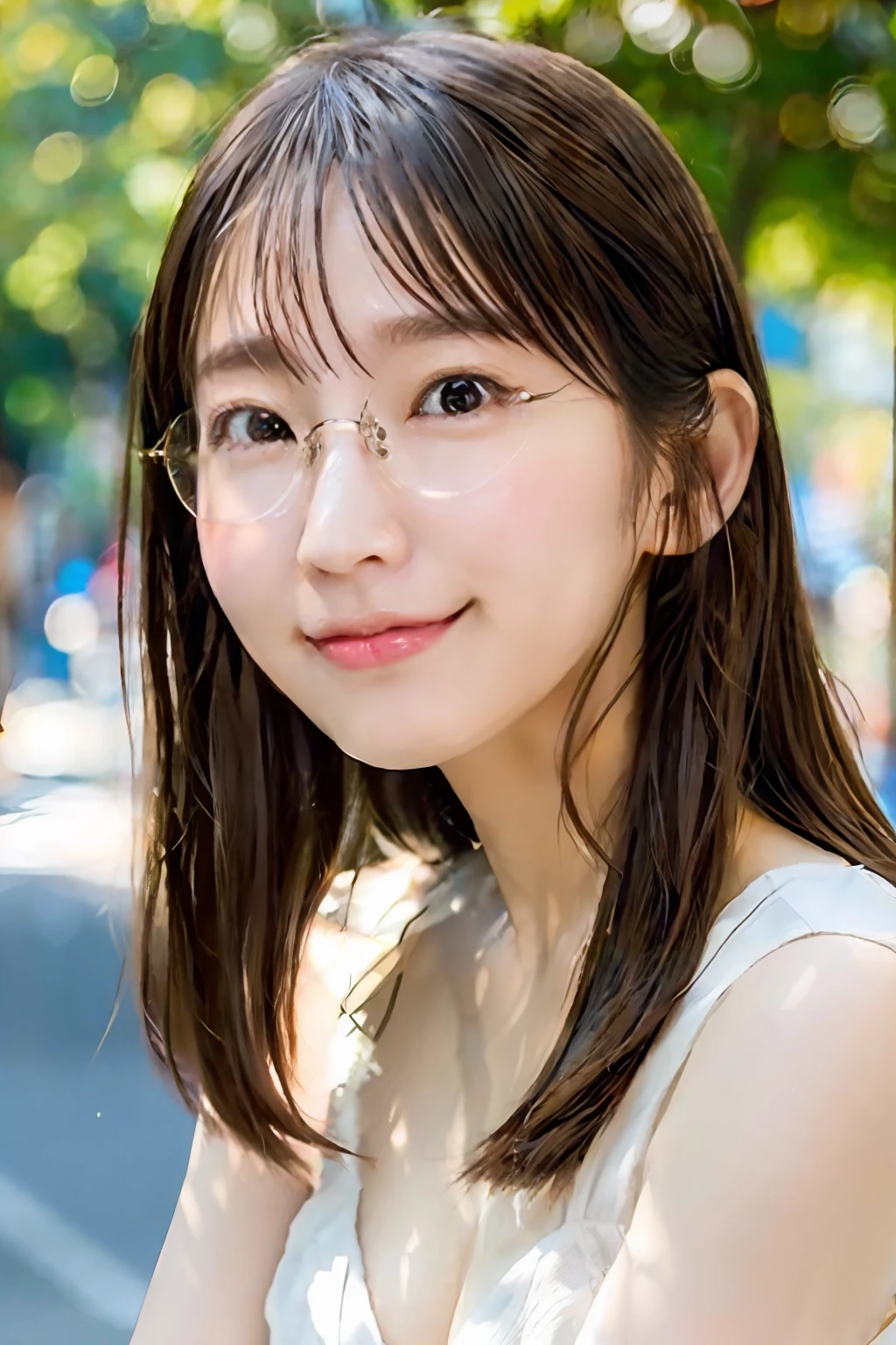 (Skin blemishes:1.2), (Skindentation), Black eye, 1womanl, 25-years old, ((femele))), 独奏, realisitic, top-quality, Photorealsitic, masterpiece, 8K, hight resolution, 独奏, extra detailed face, (profetional lighting、bokeh dof), (light particules、lensflare、Luminous particles:0.6), (dynamicposes:1.2), Soft lighting, Top Angle View, Fashionable and trendy atmosphere, jpn, a street, TOKYOcty, The city, ((during daytime)), Skysky, ((Look at viewers:1)), (looking in camera),(portlate:0.6), Keep the original facial proportions, broad shoulder, full body Esbian, (tiny chest), (Middle hair), brown haired, Floating hair, s lips, lipsticks, seducting smile, Floating hair, A smile, Open_Mouth, tusk, (fullnude), Eye lashes, Mole, (Mole under the eyes:1),spreading legs、Pubic area、wears glasses、fullnude