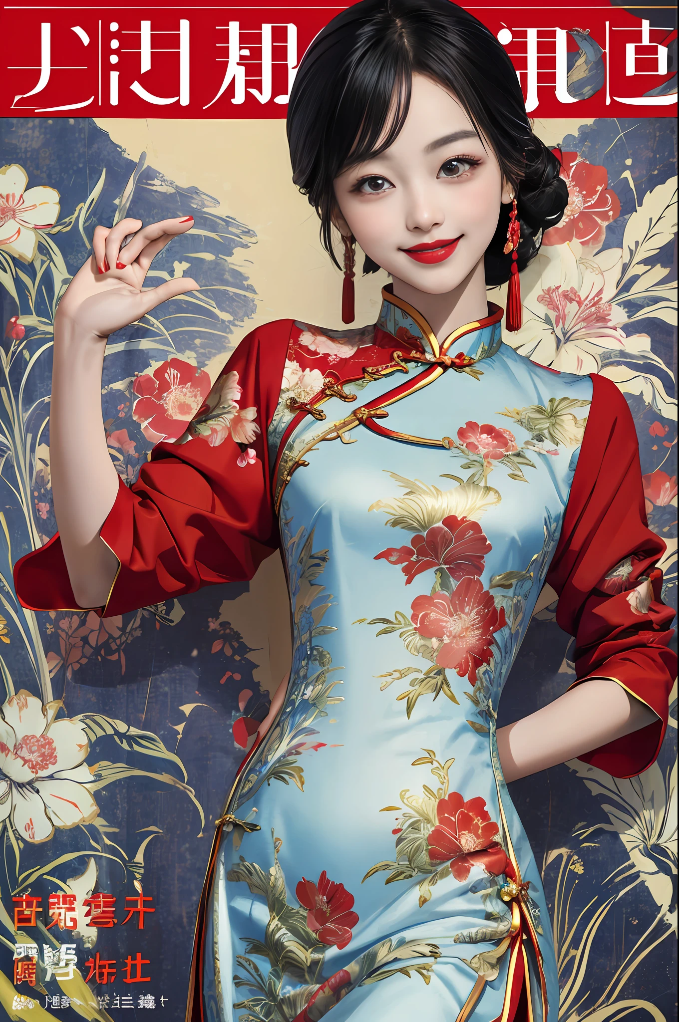 1girll,Upper body,fashi-girl,china dress,Chinese clothes,hair flower,(Masterpiece:1.4),(Best quality:1.4),(Shiny skin),Red lips,view the viewer,Smile,MagazineCover