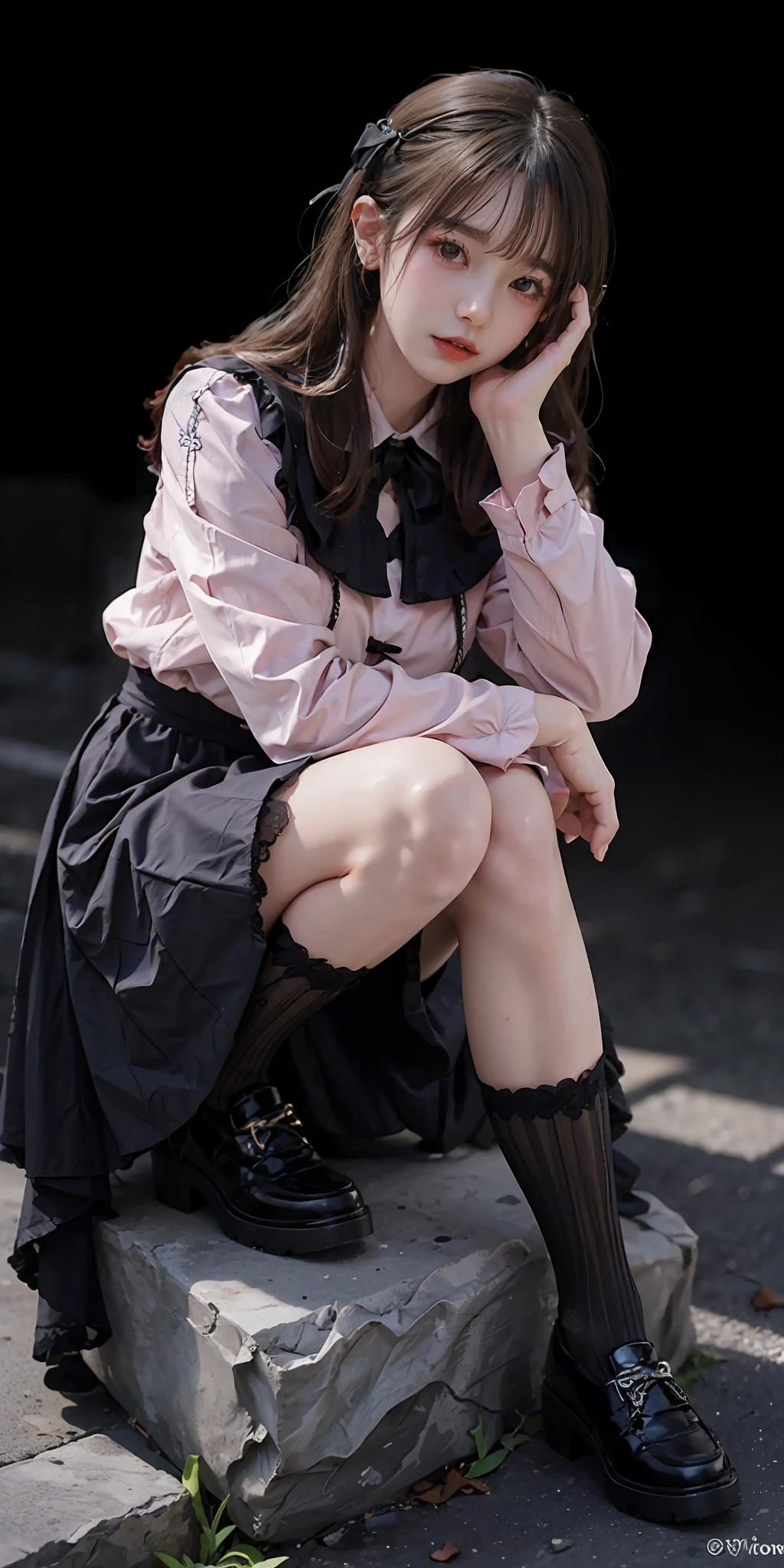 (high-detail:1.4)、(hyper realisitic:1.4)、(Smooth lighting:1.05)、32K、1womanl、20-year-old Lolita fashion girl、Realistic lighting、Facial Lights、Ray tracing、(brightened light:1.2)、(Quality Improvement:1.4)、(Realistic textured skin of the highest quality:1.4)、fine detailed eyes、A detailed face、Fine quality eye、dark brown eyes、Pink blouse、a black skirt、White socks、Black shoes、full body Esbian、Squatting、panties on