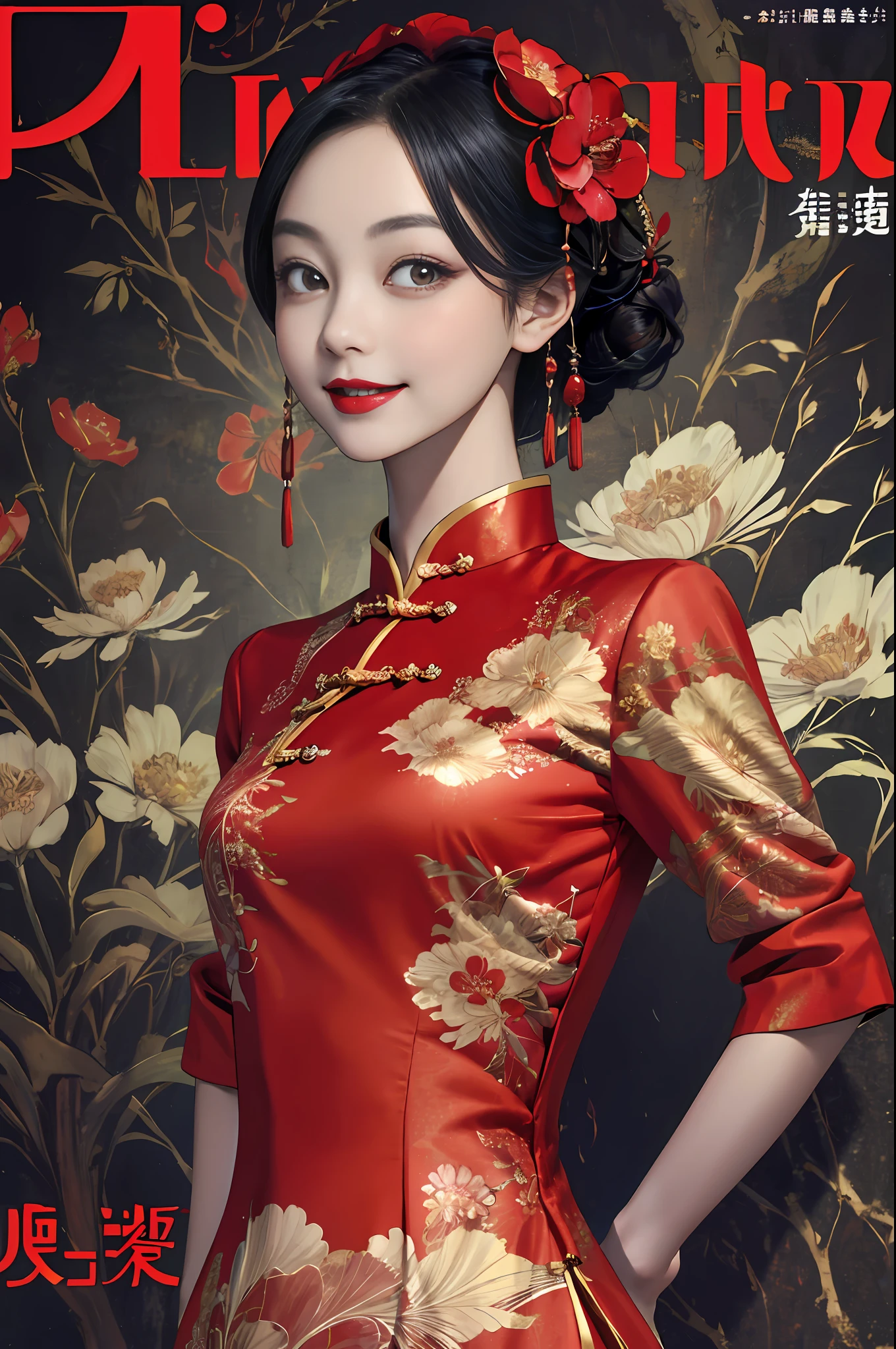 1girll,Upper body,fashi-girl,china dress,Chinese clothes,hair flower,(Masterpiece:1.4),(Best quality:1.4),(Shiny skin),Red lips,view the viewer,Smile，MagazineCover