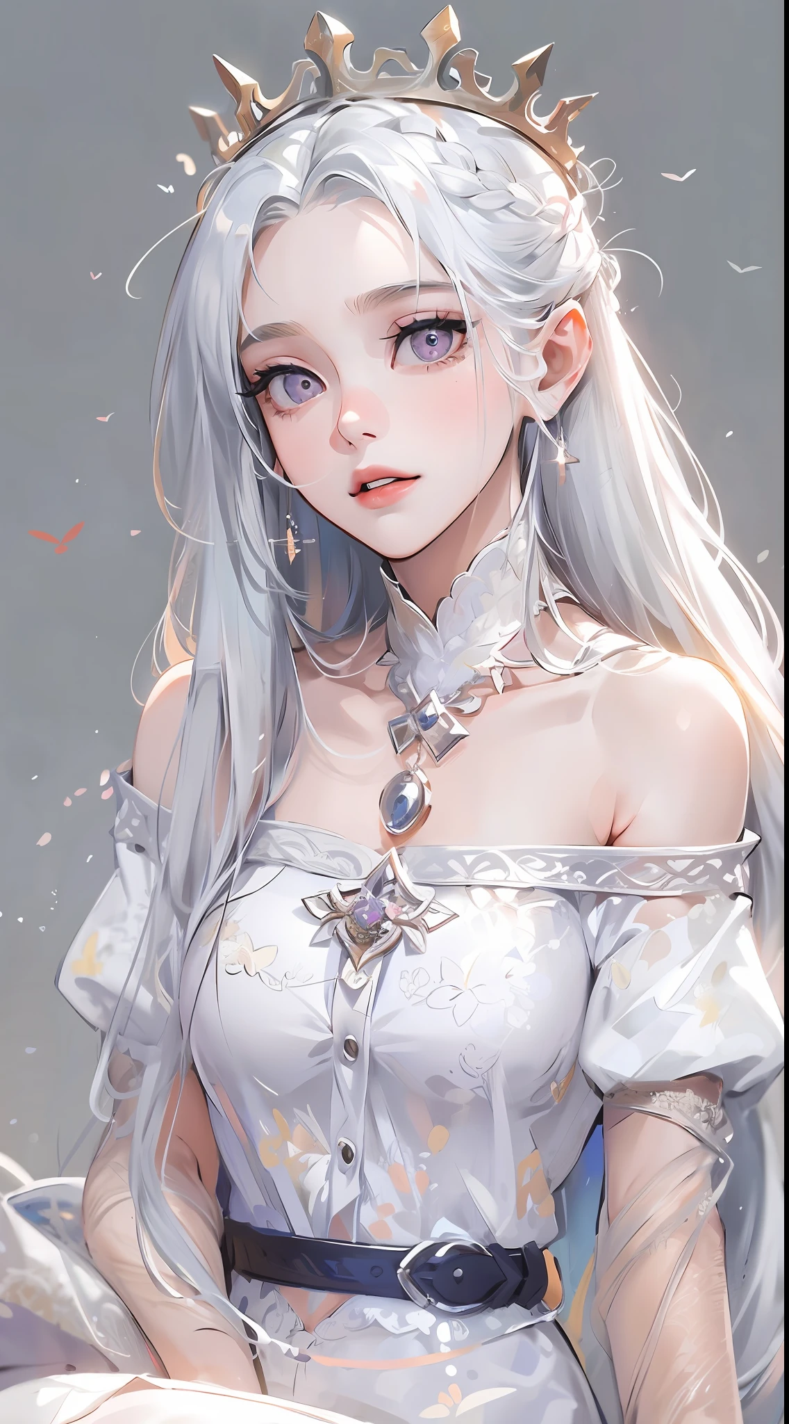 Best quality, highly detailed, masterpiece, ultra detailed, (reality: 1.2), 1 girl, (white background), simple background, delicate eyes, silver hair, purple eyes, hair_ornament, (white off-the-shoulder shirt: 1.3), long hair, pointy_ears, crown_braid, expressionless, straight hair, (++ sitting: 1.2), room,