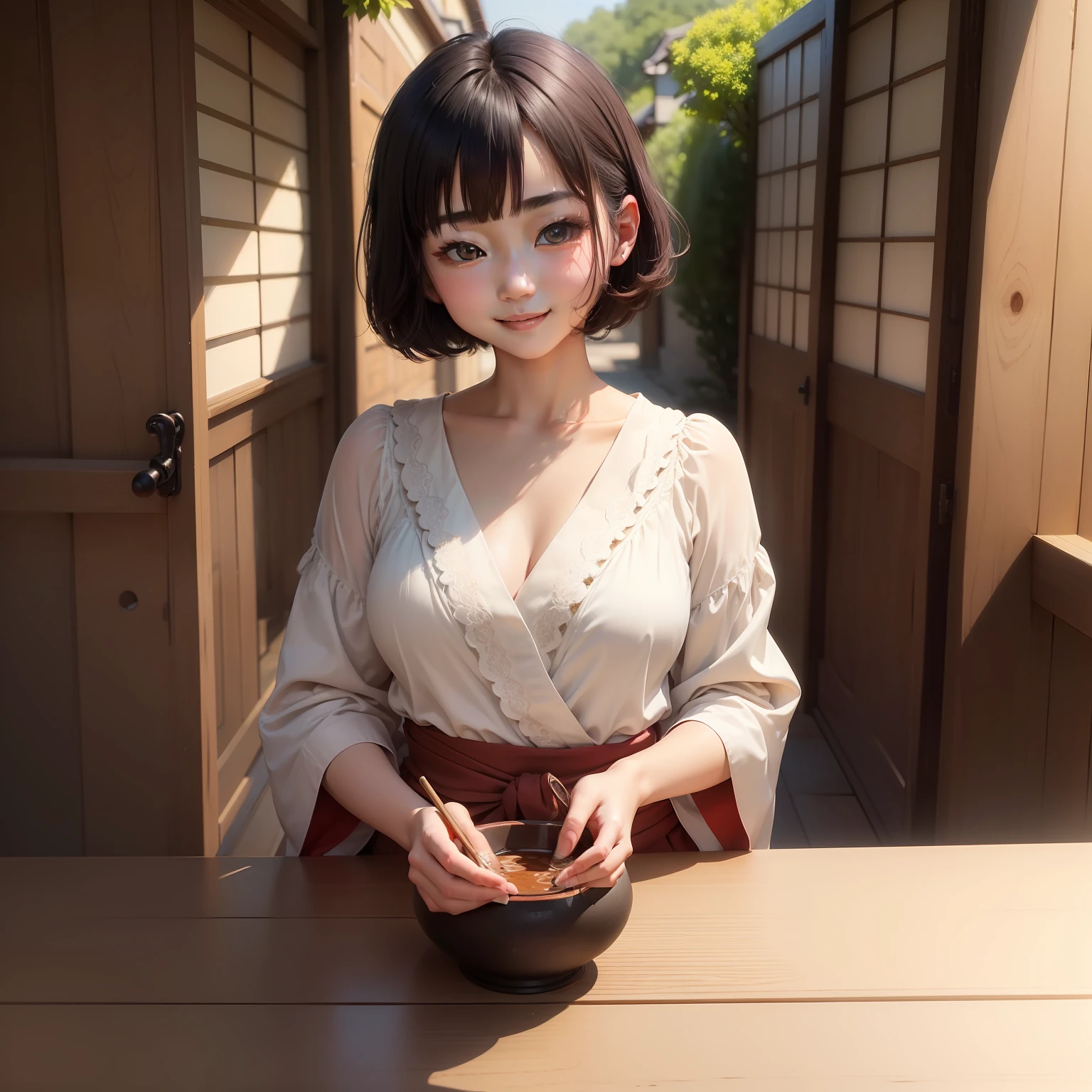 (top-quality、8k、32k、​masterpiece、UHD:1.2)、Photo of a cute Japanese woman、tiny chest、very short bobbed hair、simple background、Look around、a smile