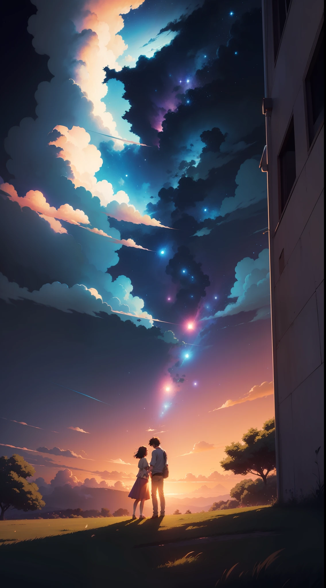 Anime scenario of two people standing on the grass looking up at the sky, noite, grama alta, cosmic skies. por makoto shinkai, makoto shinkai cyril rolando, cena de anime bonita, anime sky, papel de parede de arte anime 4k, papel de parede de arte anime 4k, papel de parede de arte anime 8 k, cena de paz bonita anime, no estilo de makoto shinkai, papel de parede anime 4k