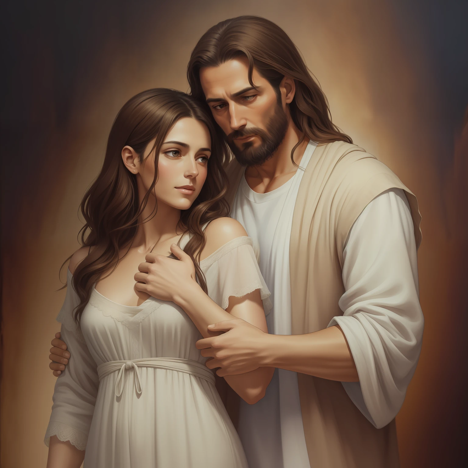A beautiful ultra-thin realistic portrait of Jesus, the prophet, a man 50 years old Hebrew brunette, short brown hair, long brown beard, with, falling woman in arms, wearing long linen tunic closed on the chest part, in front view, full body, biblical, realistic,by Diego Velázquez,Peter Paul Rubens,Rembrandt,Alex Ross,8k, Concept Art, PhotoRealistic, Realistic, Illustration, Oil Painting, Surrealism, HyperRealistic, hugging in arms , Digital art, style, watercolor